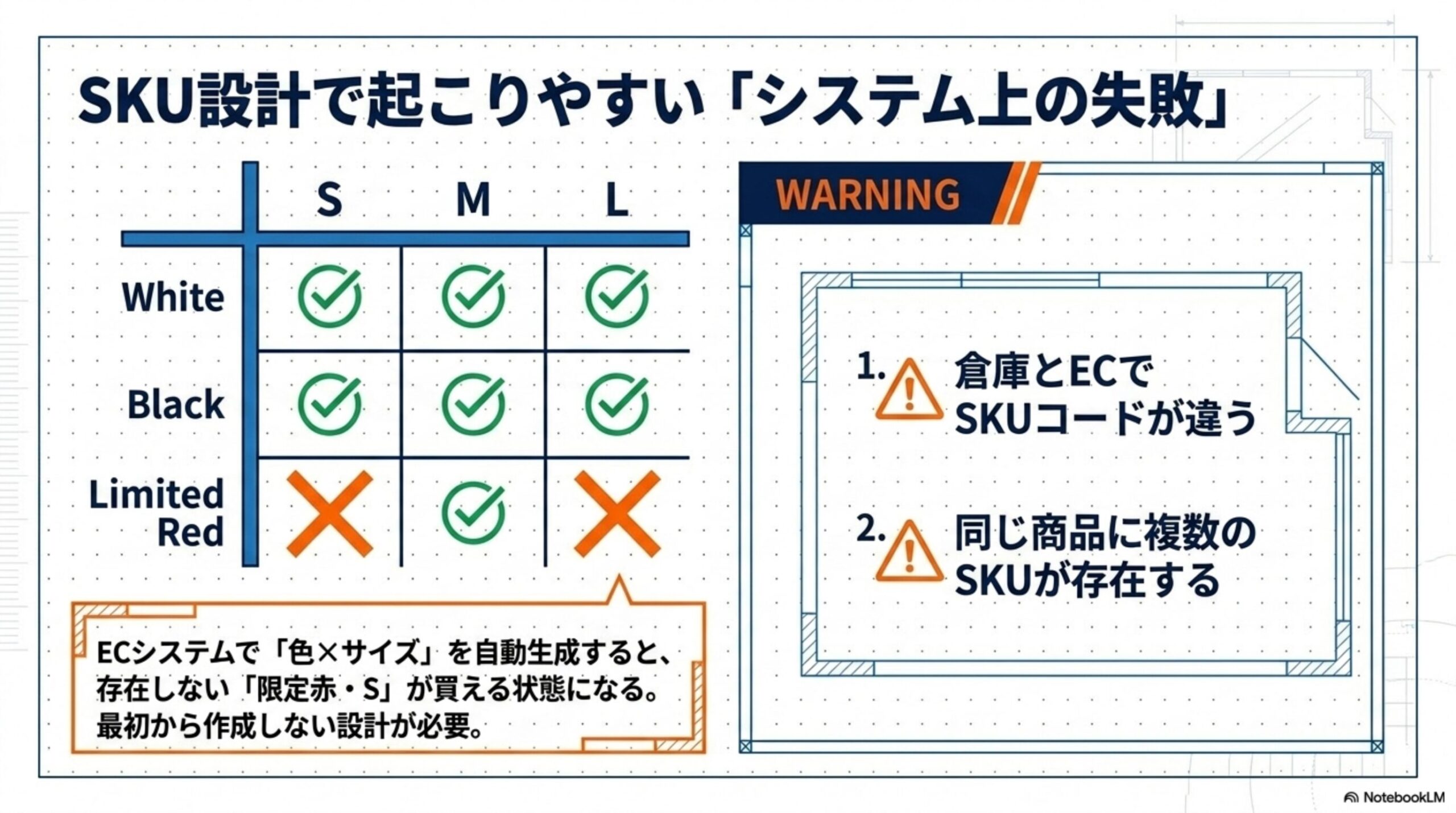 SKU設計で起こりやすいシステム上の失敗。White・Black列はS/M/Lすべて○だが、Limited Red列はMのみ○でSとLは×。ECシステムで色×サイズを自動生成すると、存在しない限定赤・Sが買える状態になる。最初から作成しない設計が必要。WARNING：1.倉庫とECでSKUコードが違う 2.同じ商品に複数のSKUが存在する