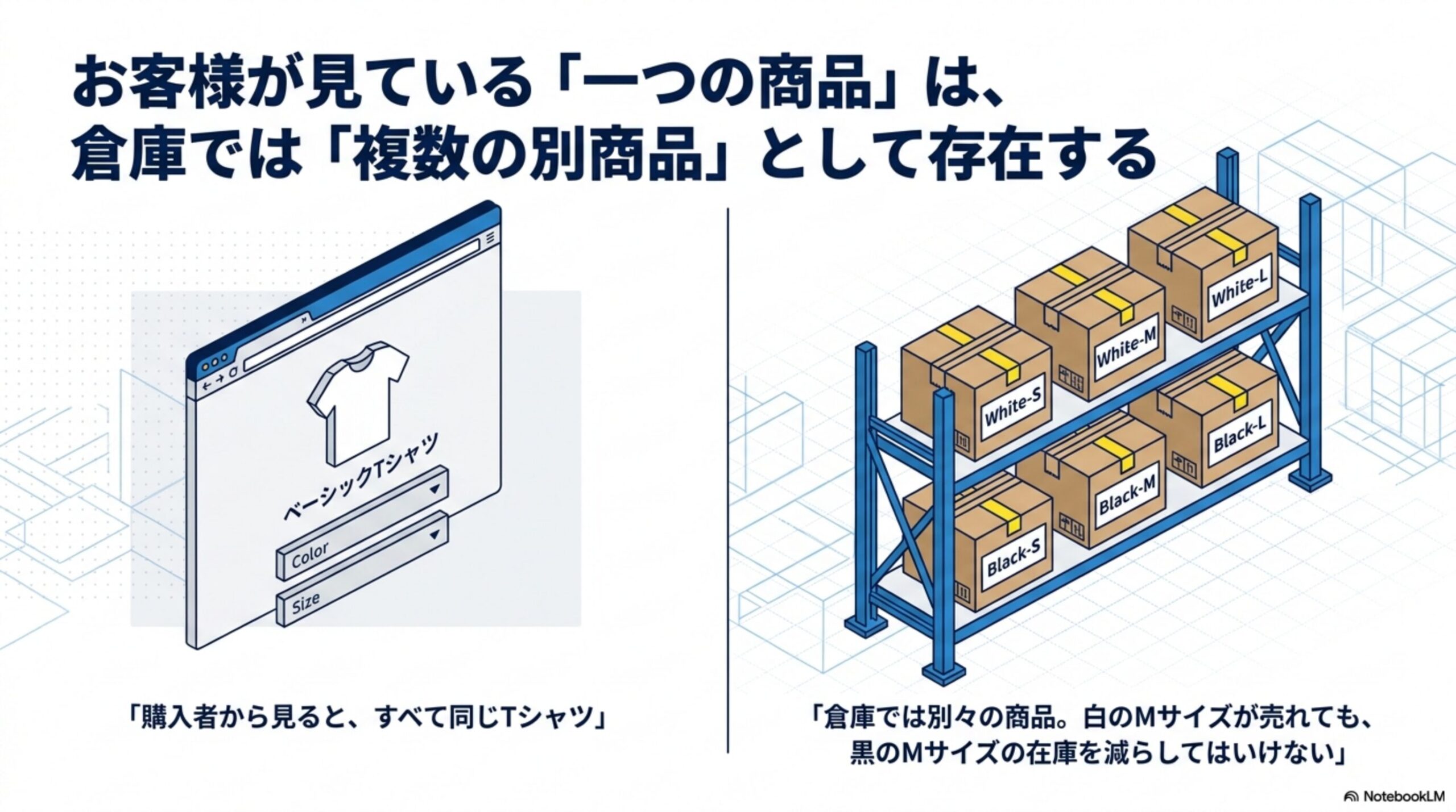 お客様が見ている一つの商品は、倉庫では複数の別商品として存在する。左：購入者から見た商品ページはベーシックTシャツ一つ、Colorとサイズのプルダウンのみ。右：倉庫ではWhite-S・White-M・White-L・Black-S・Black-M・Black-Lの6箱に分かれて保管されている。倉庫では別々の商品。白のMサイズが売れても、黒のMサイズの在庫を減らしてはいけない