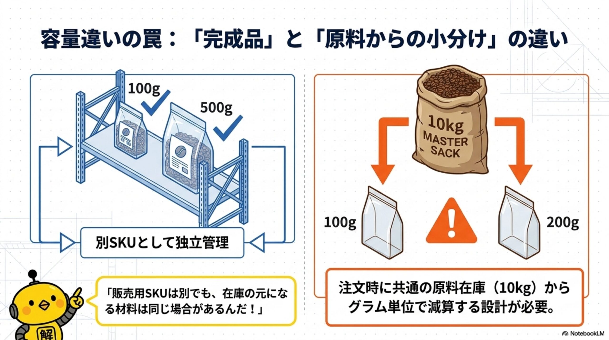 容量違いの罠：完成品と原料からの小分けの違い。左：100g・500gの完成品袋がそれぞれ別SKUとして独立管理される。右：10kgの原料袋（MASTER SACK）から注文時に100g・200gへグラム単位で減算する設計が必要。販売用SKUは別でも、在庫の元になる材料は同じ場合がある