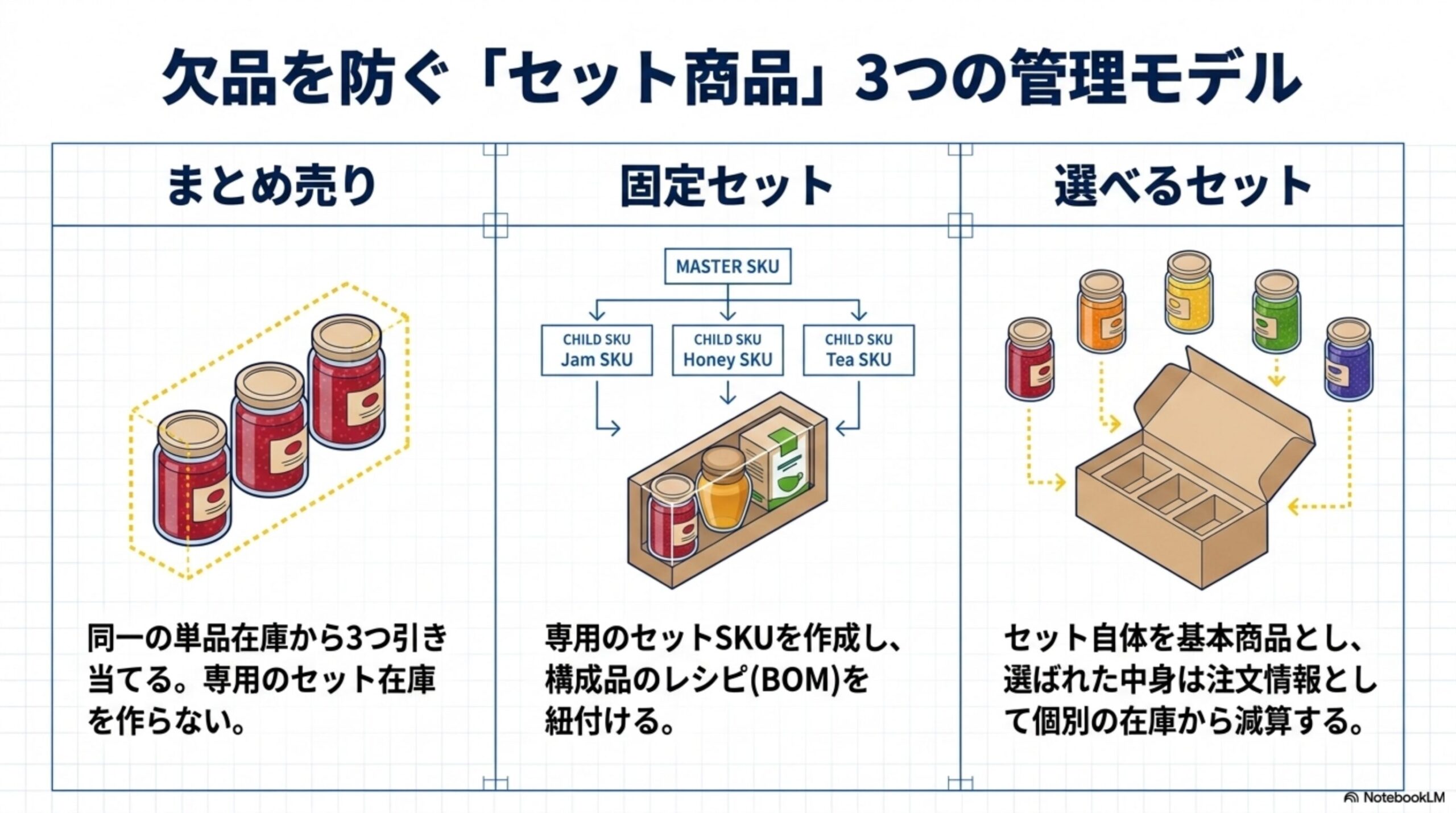 欠品を防ぐセット商品3つの管理モデル。まとめ売り（同一の単品在庫から3つ引き当てる。専用のセット在庫を作らない）、固定セット（専用のセットSKUを作成し、構成品のレシピBOMを紐付ける）、選べるセット（セット自体を基本商品とし、選ばれた中身は注文情報として個別の在庫から減算する）