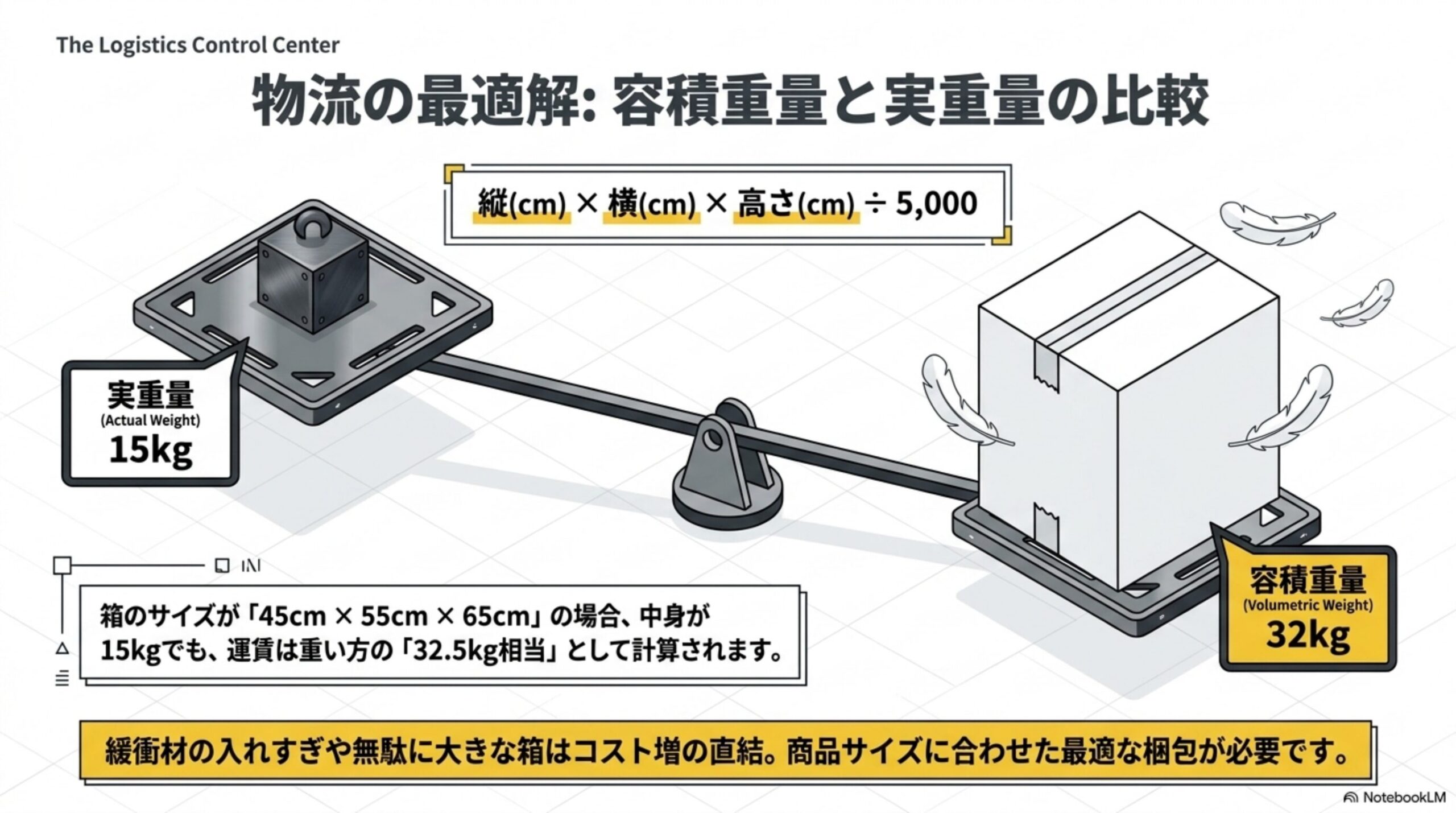 容積重量と実重量の比較を天秤で示す図解。縦(cm)×横(cm)×高さ(cm)÷5,000という計算式と、実重量15kgに対し箱のサイズが45cm×55cm×65cmの場合、容積重量は32kgとなり、重い方の32.5kg相当として運賃が計算されることを示す図解。緩衝材の入れすぎや無駄に大きな箱はコスト増に直結し、商品サイズに合わせた最適な梱包が必要ですという結論付き