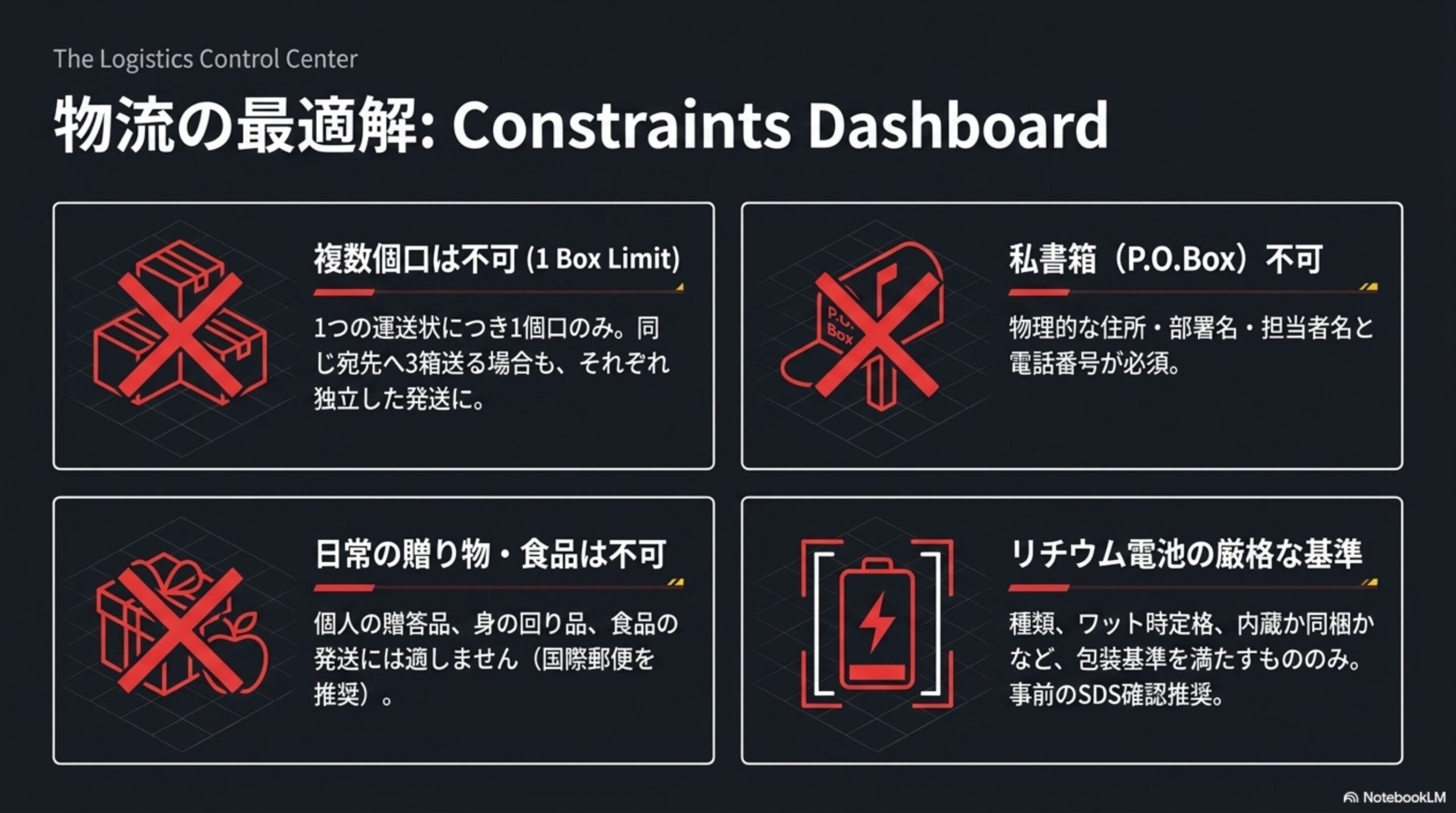 Constraints Dashboardと題した4つの制約を示す図解。複数個口は不可(1つの運送状につき1個口のみ。同じ宛先へ3箱送る場合も、それぞれ独立した発送に)、私書箱(P.O.Box)不可(物理的な住所・部署名・担当者名と電話番号が必須)、日常の贈り物・食品は不可(個人の贈答品、身の回り品、食品の発送には適しません。国際郵便を推奨)、リチウム電池の厳格な基準(種類、ワット時定格、内蔵か同梱かなど、包装基準を満たすもののみ。事前のSDS確認推奨)の4カード図解