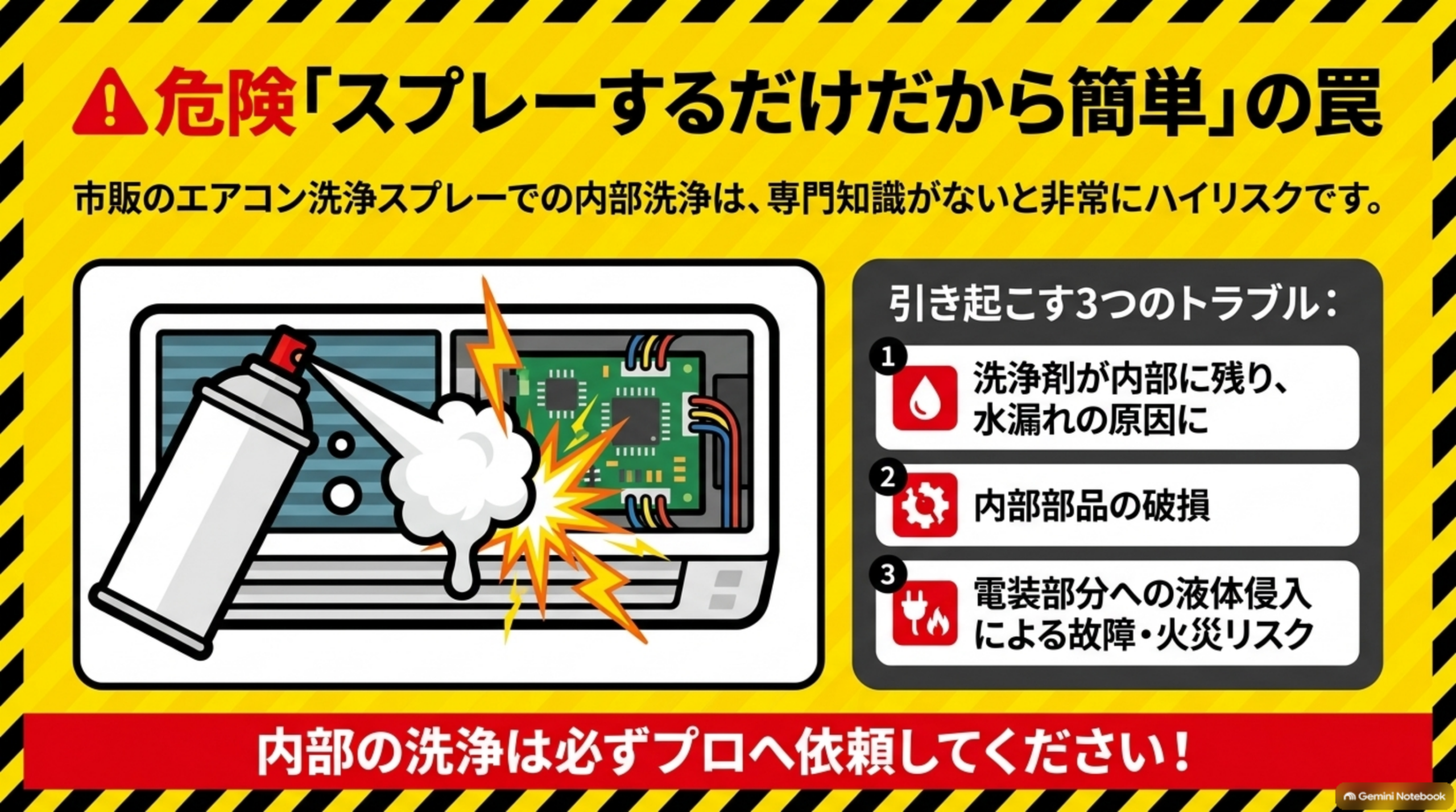 危険「スプレーするだけだから簡単」の罠という図解。市販の洗浄スプレーを電装部品が見えるエアコン内部へ噴射し火花が散るイラストと「市販のエアコン洗浄スプレーでの内部洗浄は、専門知識がないと非常にハイリスクです」という説明。右側に引き起こす3つのトラブルとして、①洗浄剤が内部に残り水漏れの原因に②内部部品の破損③電装部分への液体侵入による故障・火災リスク、下部に赤帯で「内部の洗浄は必ずプロへ依頼してください！」という警告