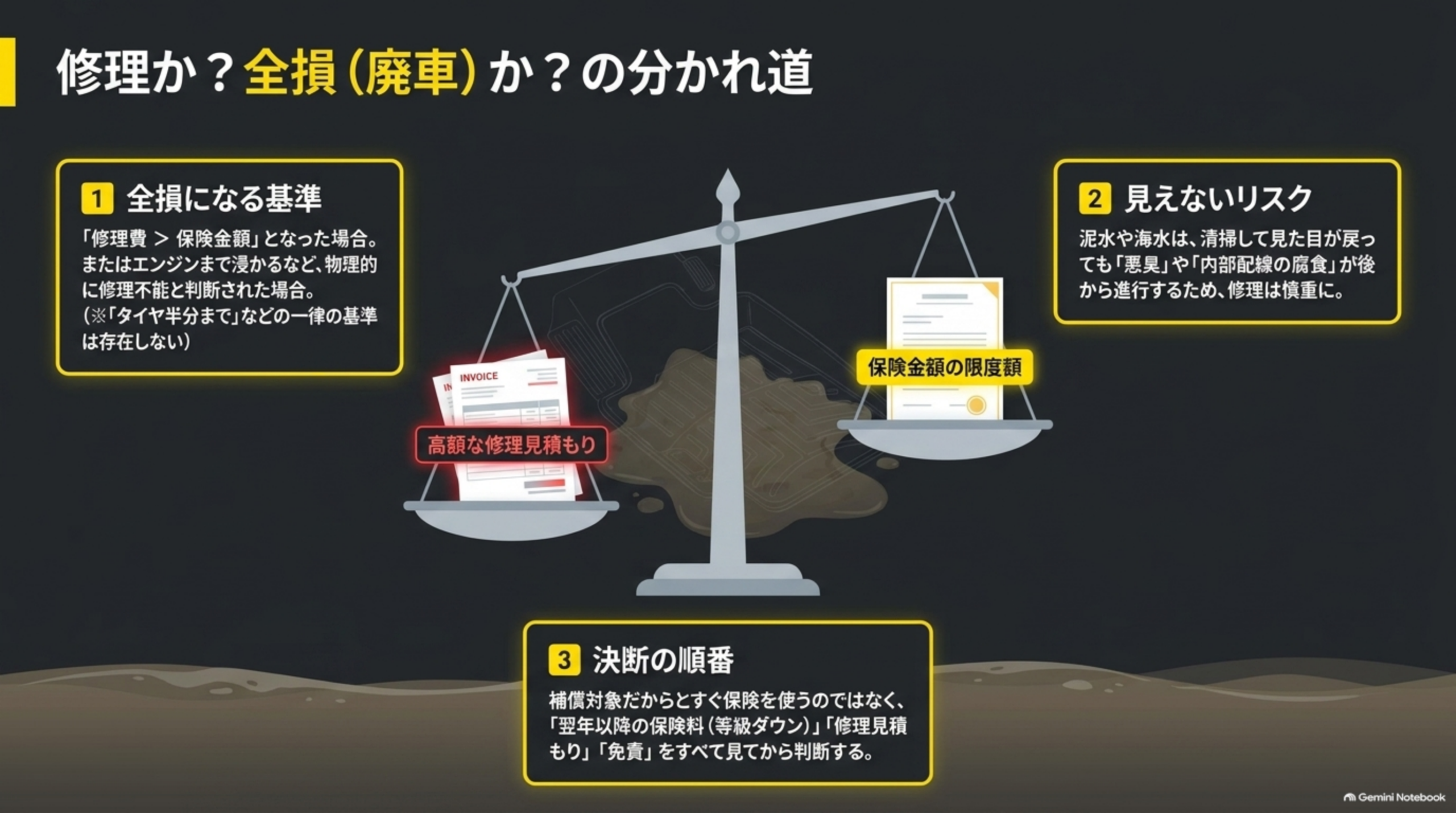 修理か？全損（廃車）か？の分かれ道という図解。天秤のイラストで、片方に高額な修理見積もりの請求書、もう片方に保険金額の限度額を示す書類が乗り釣り合っている様子と、①全損になる基準（「修理費＞保険金額」となった場合。またはエンジンまで浸かるなど物理的に修理不能と判断された場合。「タイヤ半分まで」などの一律の基準は存在しない）②見えないリスク（泥水や海水は、清掃して見た目が戻っても「悪臭」や「内部配線の腐食」が後から進行するため修理は慎重に）③決断の順番（補償対象だからとすぐ保険を使うのではなく、「翌年以降の保険料（等級ダウン）」「修理見積もり」「免責」をすべて見てから判断する）という3項目の説明