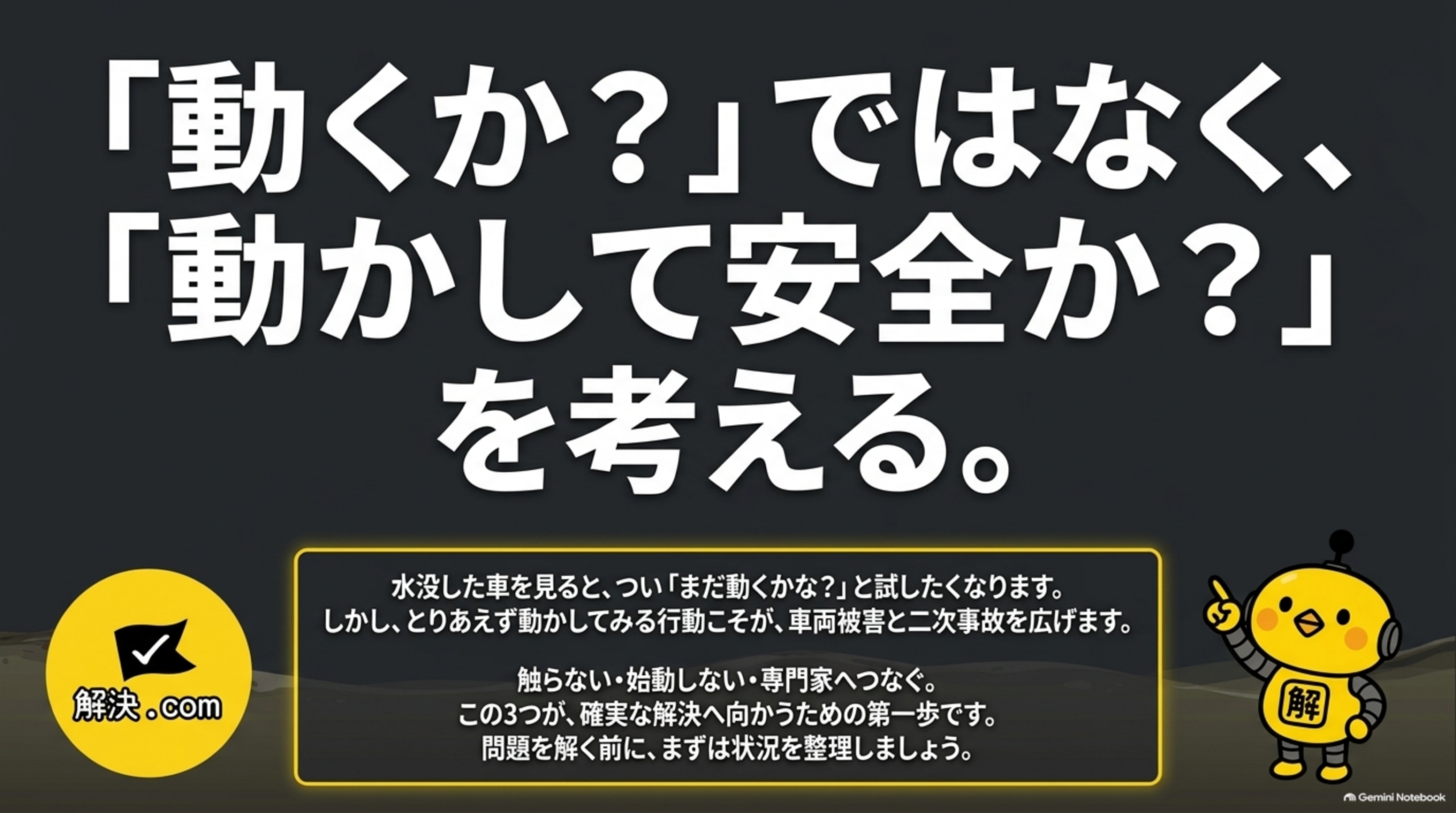 「動くか？」ではなく、「動かして安全か？」を考える。というクロージングスライド。「水没した車を見ると、つい『まだ動くかな？』と試したくなります。しかし、とりあえず動かしてみる行動こそが、車両被害と二次事故を広げます。触らない・始動しない・専門家へつなぐ。この3つが、確実な解決へ向かうための第一歩です。問題を解く前に、まずは状況を整理しましょう」という文と、解決.comのロゴ、カイピヨくんのイラスト
