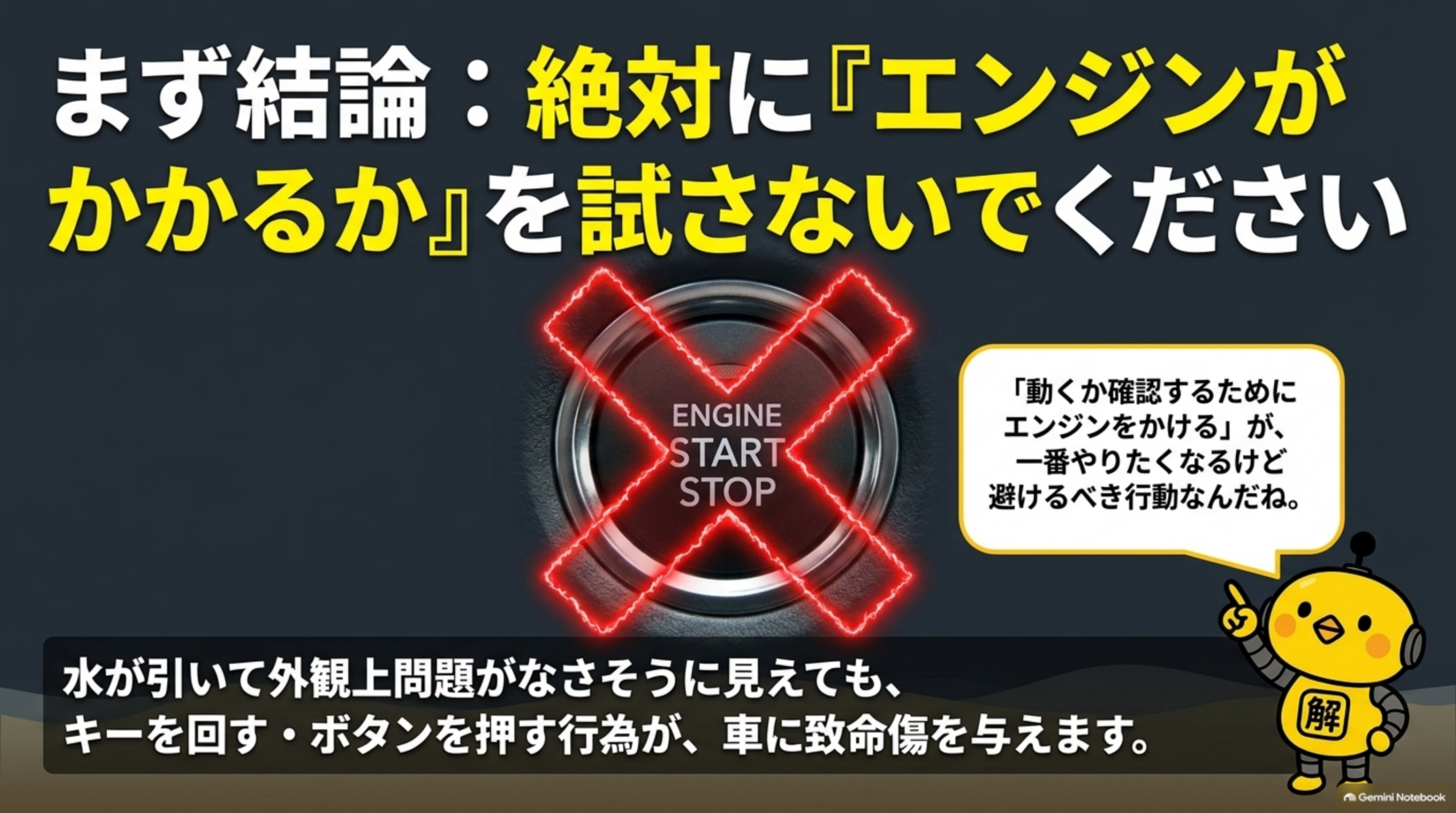 まず結論：絶対に「エンジンがかかるか」を試さないでください、という図解。黒背景に赤い稲妻付きのバツ印が重なるENGINE START STOPボタンのイラストと、「水が引いて外観上問題がなさそうに見えても、キーを回す・ボタンを押す行為が、車に致命傷を与えます」という説明、右側にカイピヨくんの「『動くか確認するためにエンジンをかける』が、一番やりたくなるけど避けるべき行動なんだね」という吹き出し
