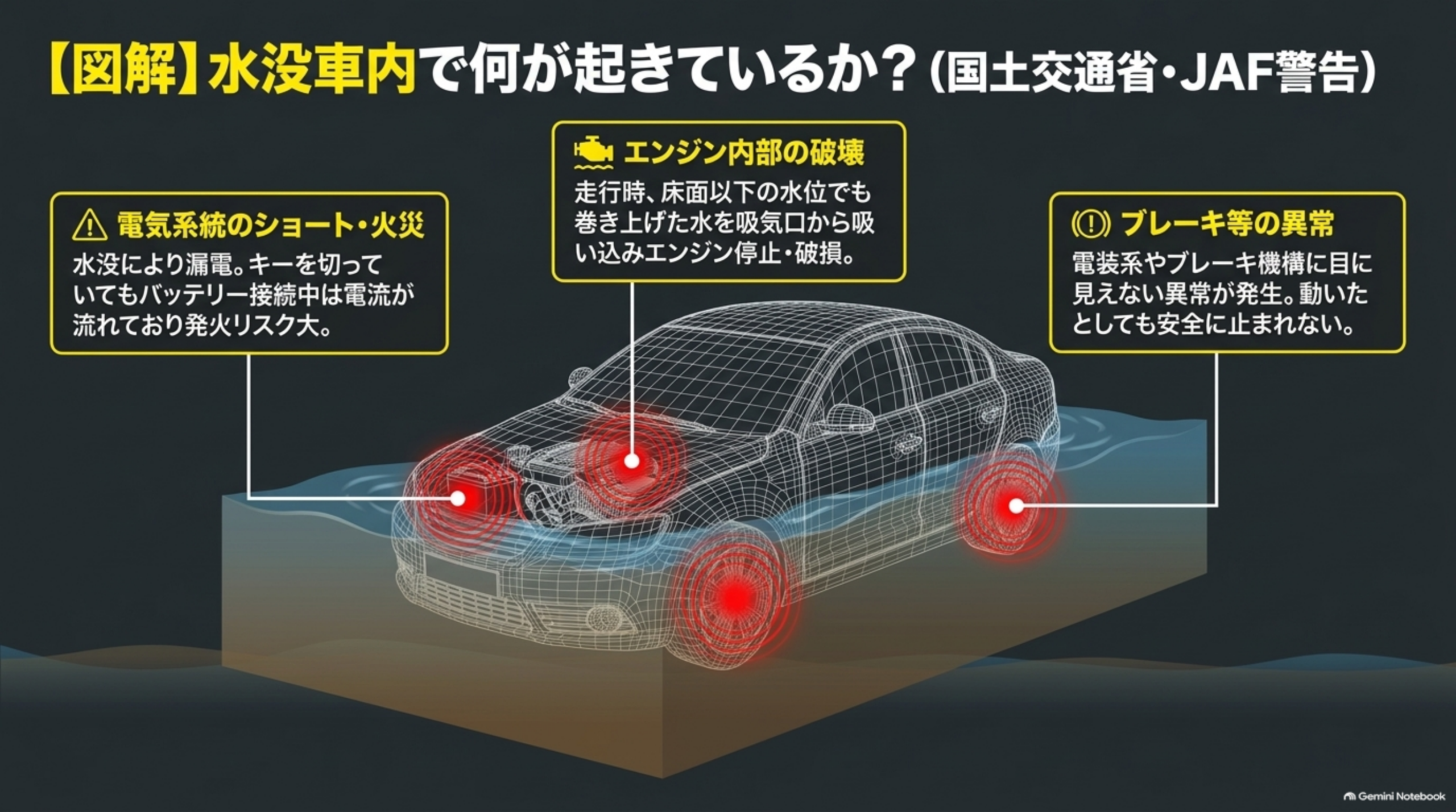 【図解】水没車内で何が起きているか？（国土交通省・JAF警告）という図解。水に浸かった車のワイヤーフレーム断面図の3箇所が赤く光り、それぞれ「電気系統のショート・火災」（水没により漏電。キーを切っていてもバッテリー接続中は電流が流れており発火リスク大）、「エンジン内部の破壊」（走行時、床面以下の水位でも巻き上げた水を吸気口から吸い込みエンジン停止・破損）、「ブレーキ等の異常」（電装系やブレーキ機構に目に見えない異常が発生。動いたとしても安全に止まれない）という3つの吹き出しにつながる図解