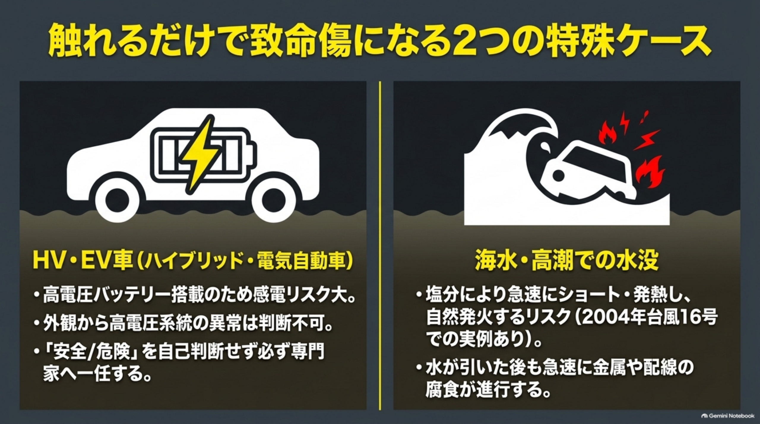 触れるだけで致命傷になる2つの特殊ケースという図解。左側「HV・EV車（ハイブリッド・電気自動車）」（バッテリーと稲妻マークが描かれた白い車のイラスト、高電圧バッテリー搭載のため感電リスク大・外観から高電圧系統の異常は判断不可・「安全/危険」を自己判断せず必ず専門家へ一任する）、右側「海水・高潮での水没」（波と炎に包まれる車のイラスト、塩分により急速にショート・発熱し自然発火するリスク＝2004年台風16号での実例あり・水が引いた後も急速に金属や配線の腐食が進行する）という対比図解