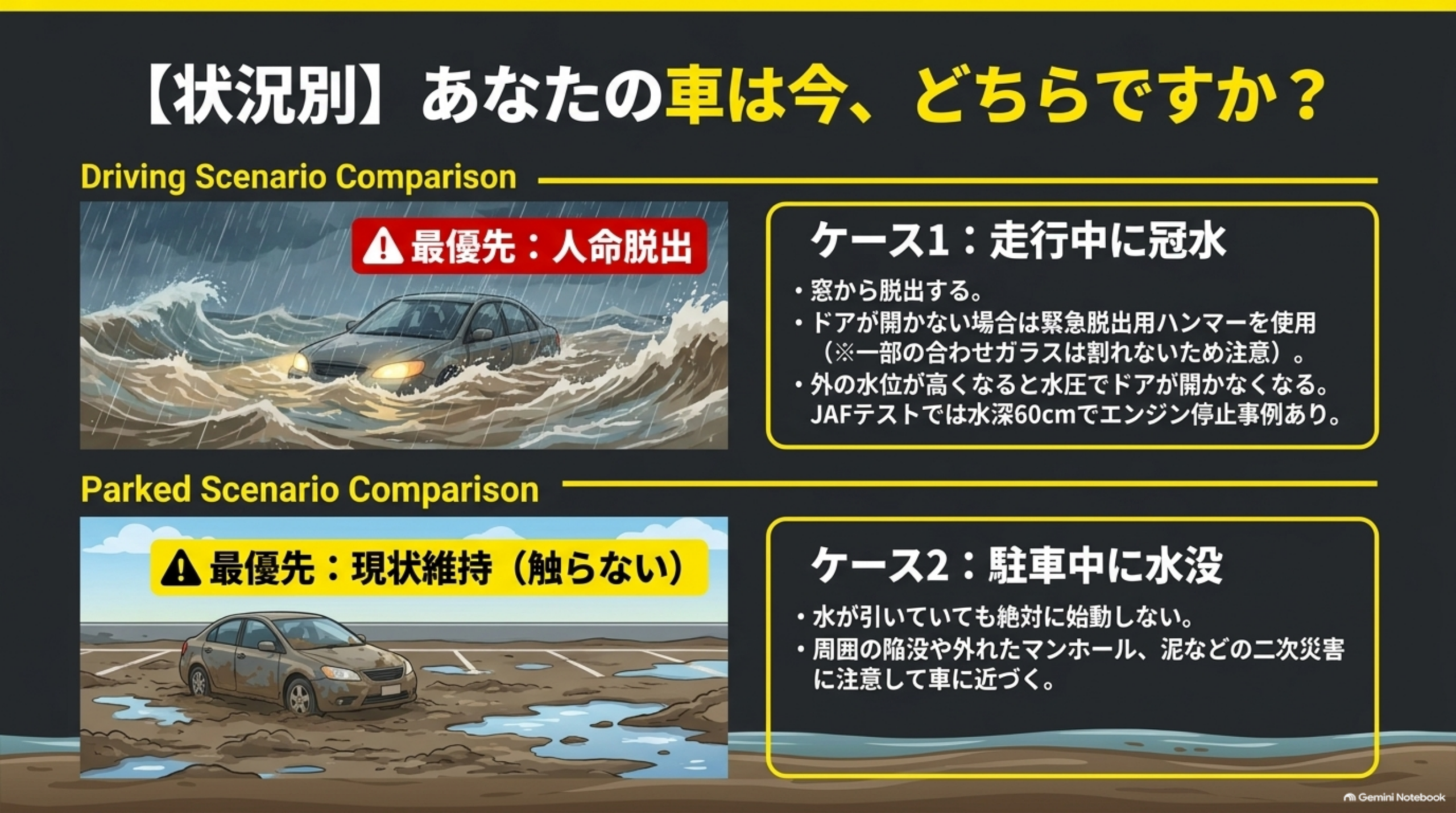 【状況別】あなたの車は今、どちらですか？という図解。上段「ケース1：走行中に冠水」（最優先：人命脱出、荒れる濁流に浮かぶ車のイラスト、窓から脱出する・ドアが開かない場合は緊急脱出用ハンマーを使用・外の水位が高いと水圧でドアが開かなくなる・JAFテストでは水深60cmでエンジン停止事例あり、という説明）、下段「ケース2：駐車中に水没」（最優先：現状維持＝触らない、水たまりの残る駐車場に置かれた車のイラスト、水が引いていても絶対に始動しない・周囲の陥没や外れたマンホール、泥などの二次災害に注意して車に近づく、という説明）