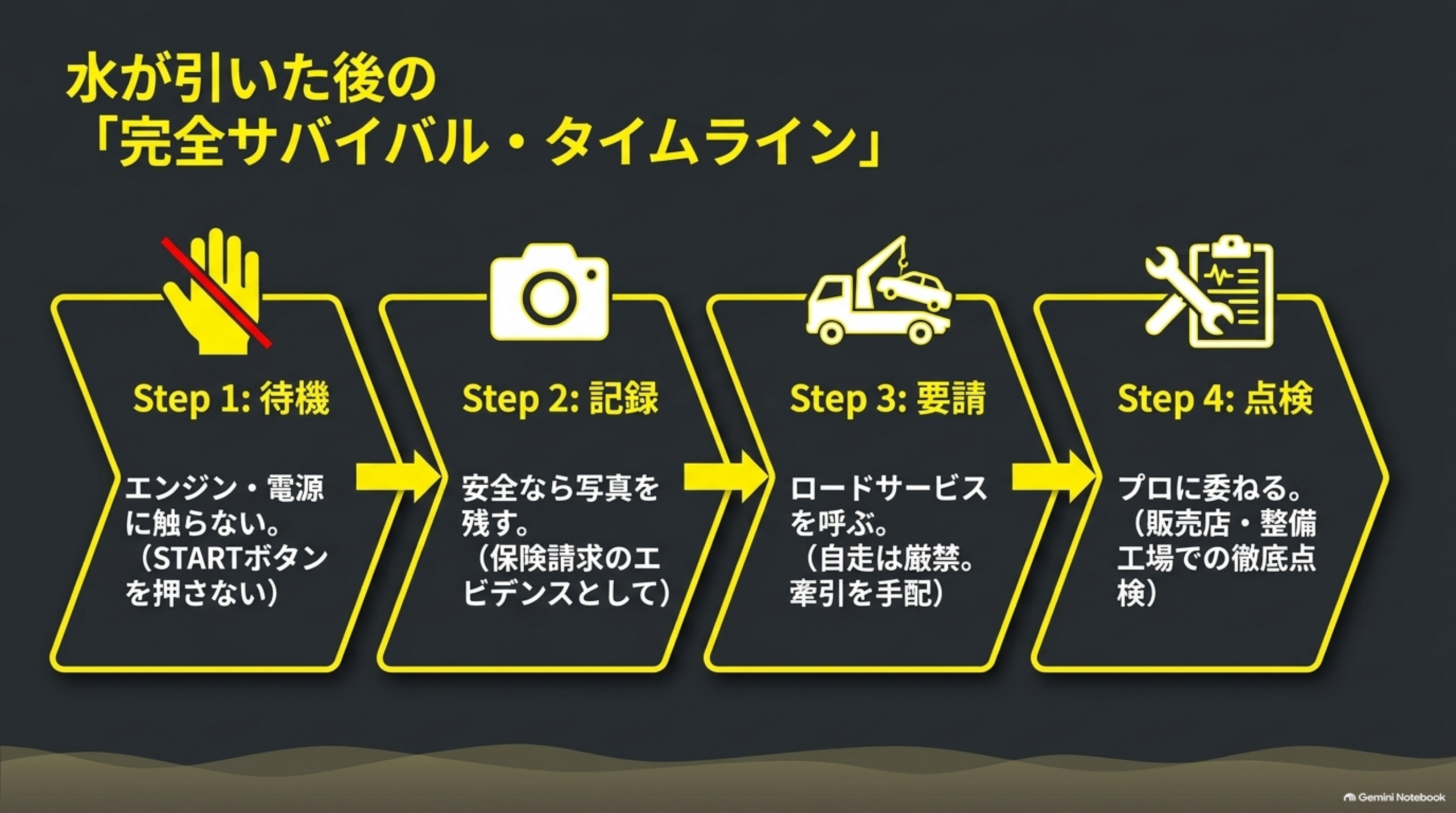 水が引いた後の「完全サバイバル・タイムライン」という図解。Step1待機（禁止マーク付きの手のアイコン、エンジン・電源に触らない、STARTボタンを押さない）、Step2記録（カメラのアイコン、安全なら写真を残す、保険請求のエビデンスとして）、Step3要請（レッカー車のアイコン、ロードサービスを呼ぶ、自走は厳禁、牽引を手配）、Step4点検（クリップボードのアイコン、プロに委ねる、販売店・整備工場での徹底点検）という4段階の矢印フロー