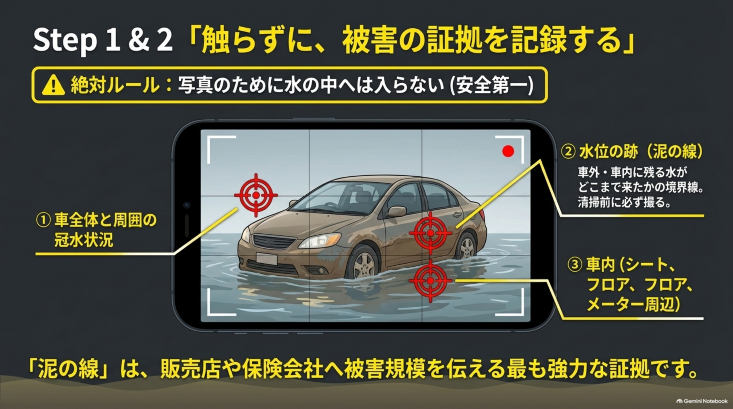 Step1&2「触らずに、被害の証拠を記録する」という図解。「絶対ルール：写真のために水の中へは入らない（安全第一）」という注意書きと、スマートフォンで水たまりに浮かぶ車を撮影する画面のイラスト。①車全体と周囲の冠水状況②水位の跡（泥の線、車外・車内に残る水がどこまで来たかの境界線、清掃前に必ず撮る）③車内（シート、フロア、メーター周辺）という3つのターゲットマーク付き撮影ポイントの説明、下部に「『泥の線』は、販売店や保険会社へ被害規模を伝える最も強力な証拠です」という結び