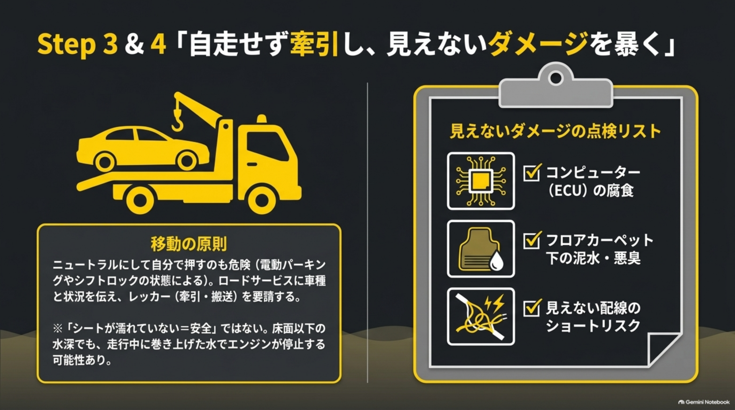 Step3&4「自走せず牽引し、見えないダメージを暴く」という図解。左側にレッカー車のイラストと「移動の原則：ニュートラルにして自分で押すのも危険（電動パーキングやシフトロックの状態による）。ロードサービスに車種と状況を伝え、レッカー（牽引・搬送）を要請する」という説明、右側にクリップボードのイラストと「見えないダメージの点検リスト」として①コンピューター（ECU）の腐食②フロアカーペット下の泥水・悪臭③見えない配線のショートリスク、という3項目