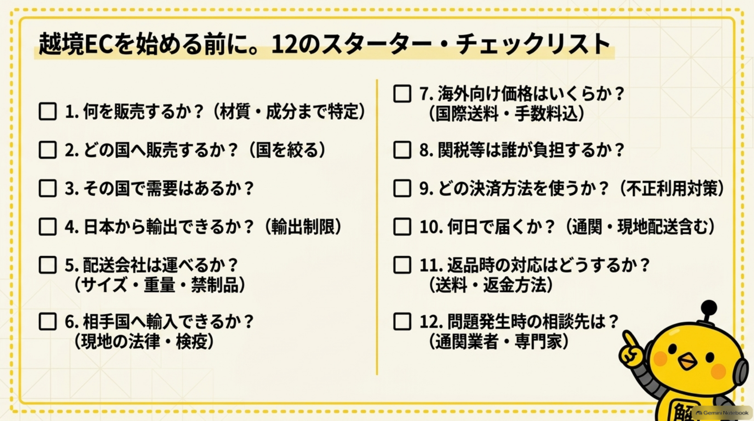 越境ECを始める前に。12のスターター・チェックリスト。1.何を販売するか？（材質・成分まで特定）2.どの国へ販売するか？（国を絞る）3.その国で需要はあるか？4.日本から輸出できるか？（輸出制限）5.配送会社は運べるか？（サイズ・重量・禁制品）6.相手国へ輸入できるか？（現地の法律・検疫）7.海外向け価格はいくらか？（国際送料・手数料込）8.関税等は誰が負担するか？9.どの決済方法を使うか？（不正利用対策）10.何日で届くか？（通関・現地配送含む）11.返品時の対応はどうするか？（送料・返金方法）12.問題発生時の相談先は？（通関業者・専門家）というチェックリストをカイピヨくんが提示
