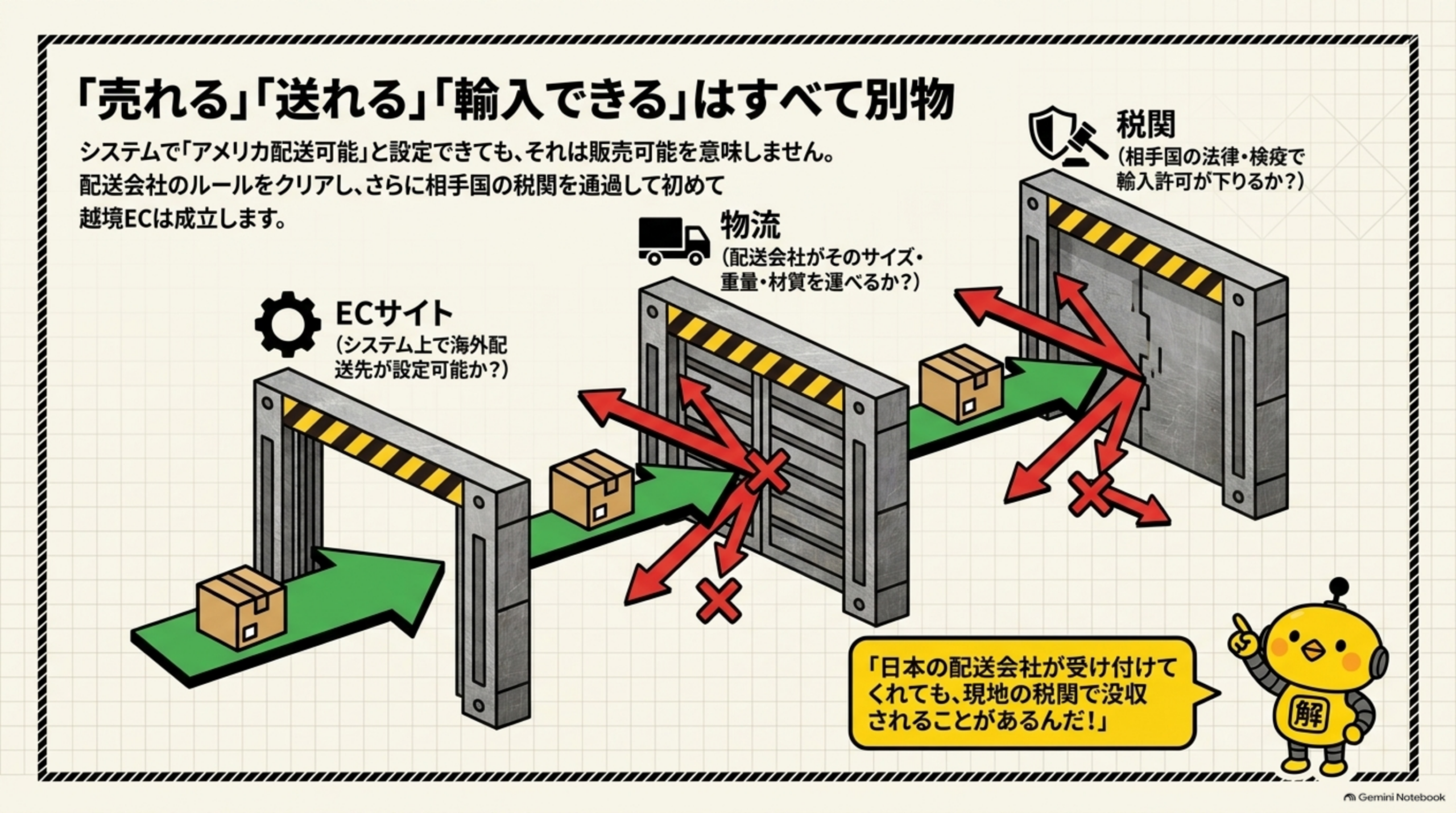 「売れる」「送れる」「輸入できる」はすべて別物。ECサイトで「アメリカ配送可能」と設定できても、それは販売可能を意味しない。ECサイト（システム上で海外配送先が設定可能か）→物流（配送会社がそのサイズ・重量・材質を運べるか）→税関（相手国の法律・検疫で輸入許可が下りるか）の3つの関門をすべて通過して初めて越境ECは成立すると図解。「日本の配送会社が受け付けてくれても、現地の税関で没収されることがあるんだ」とカイピヨくんが解説