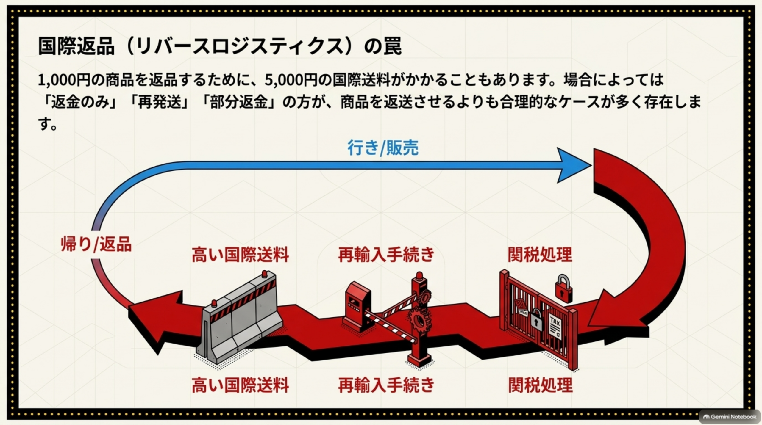 国際返品（リバースロジスティクス）の罠。1,000円の商品を返品するために、5,000円の国際送料がかかることもある。行き/販売の矢印に対し、帰り/返品では高い国際送料・再輸入手続き・関税処理という3つの関門を逆にたどる必要があると図解。場合によっては「返金のみ」「再発送」「部分返金」の方が、商品を返送させるよりも合理的なケースが多く存在すると注記