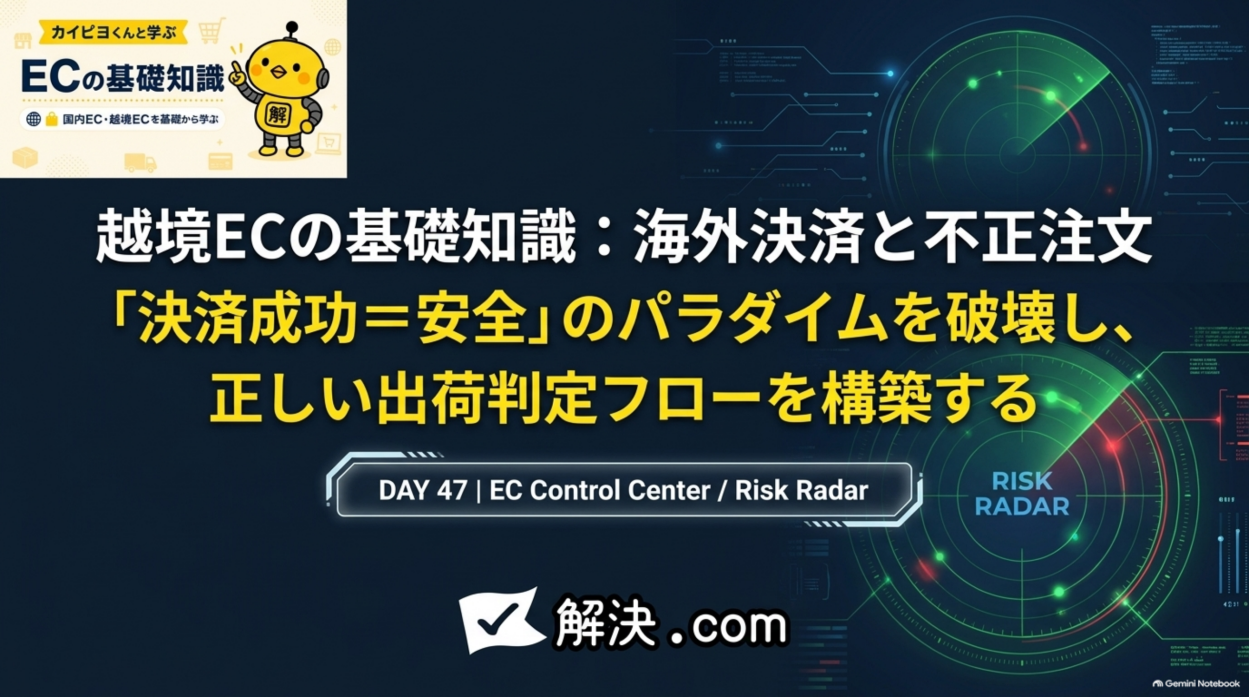 解決.com公式 DAY47｜越境ECの基礎知識：海外決済と不正注文。「決済成功＝安全」のパラダイムを破壊し、正しい出荷判定フローを構築する。EC Control Center / Risk Radar
