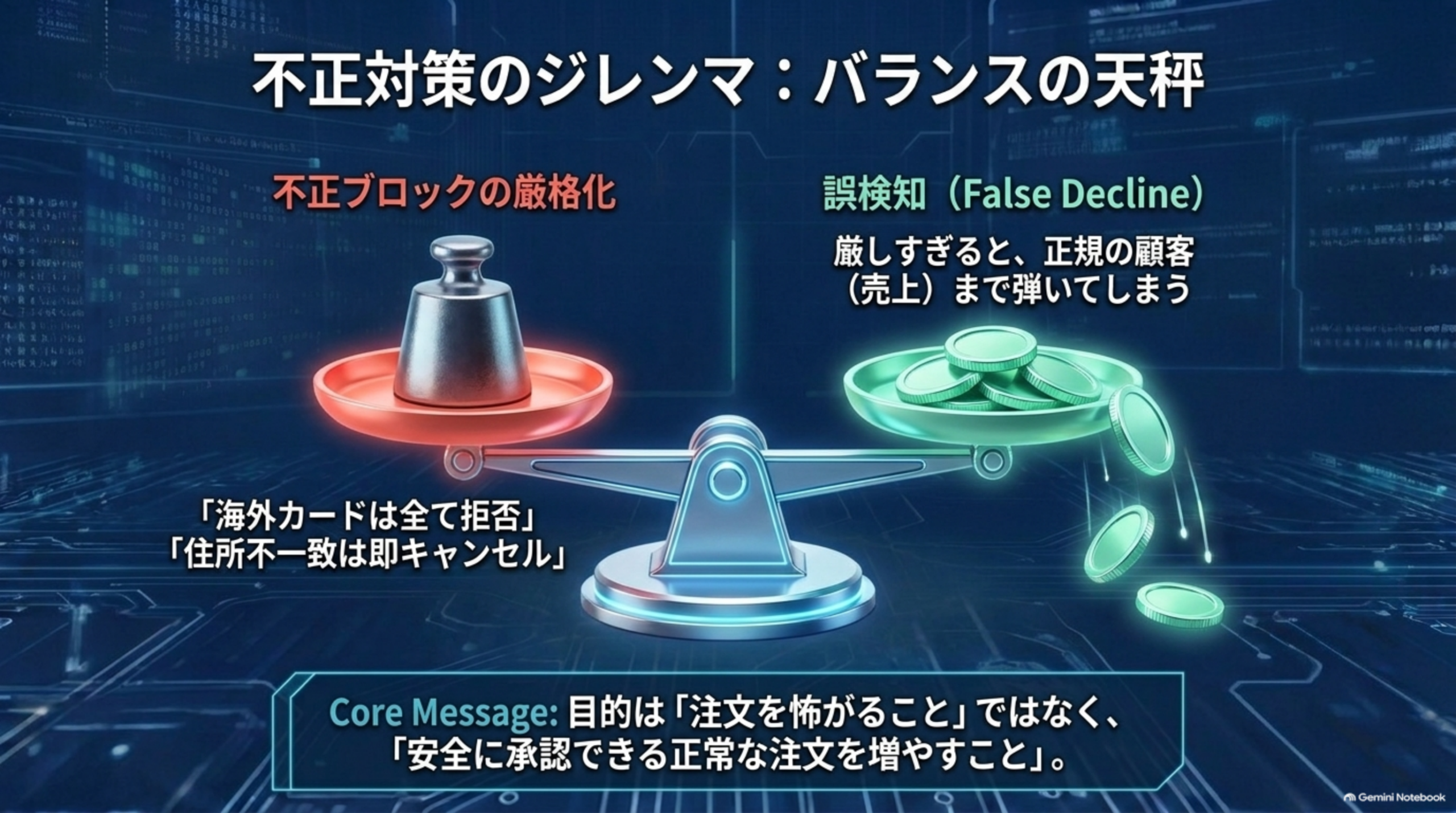 不正対策のジレンマ：バランスの天秤。不正ブロックの厳格化（海外カードは全て拒否・住所不一致は即キャンセル）を強めるほど、誤検知（False Decline）で正規の顧客（売上）まで弾いてしまう。目的は「注文を怖がること」ではなく「安全に承認できる正常な注文を増やすこと」