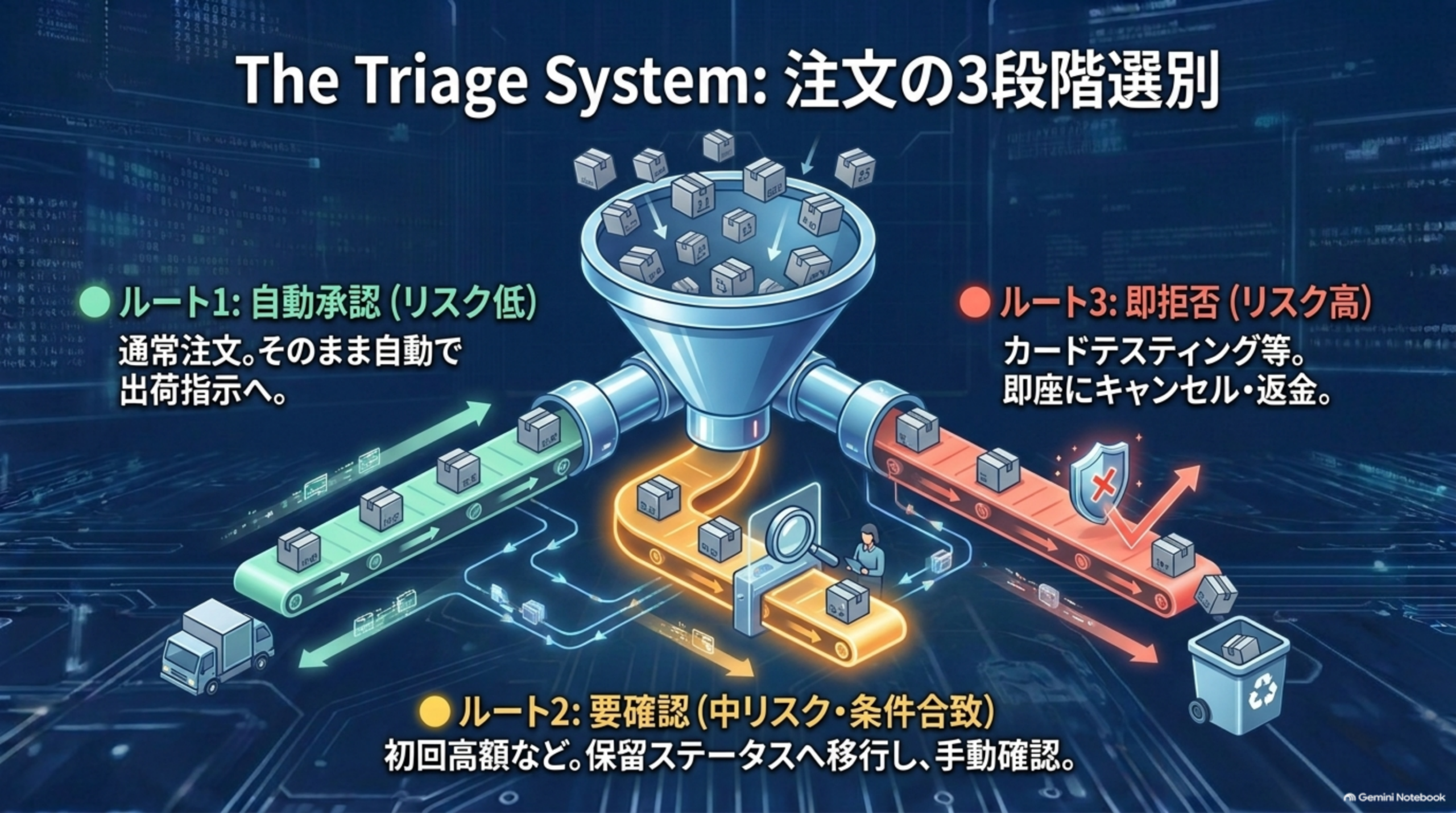 The Triage System：注文の3段階選別。ルート1自動承認（リスク低）は通常注文、そのまま自動で出荷指示へ。ルート2要確認（中リスク・条件合致）は初回高額など、保留ステータスへ移行し手動確認。ルート3即拒否（リスク高）はカードテスティング等、即座にキャンセル・返金