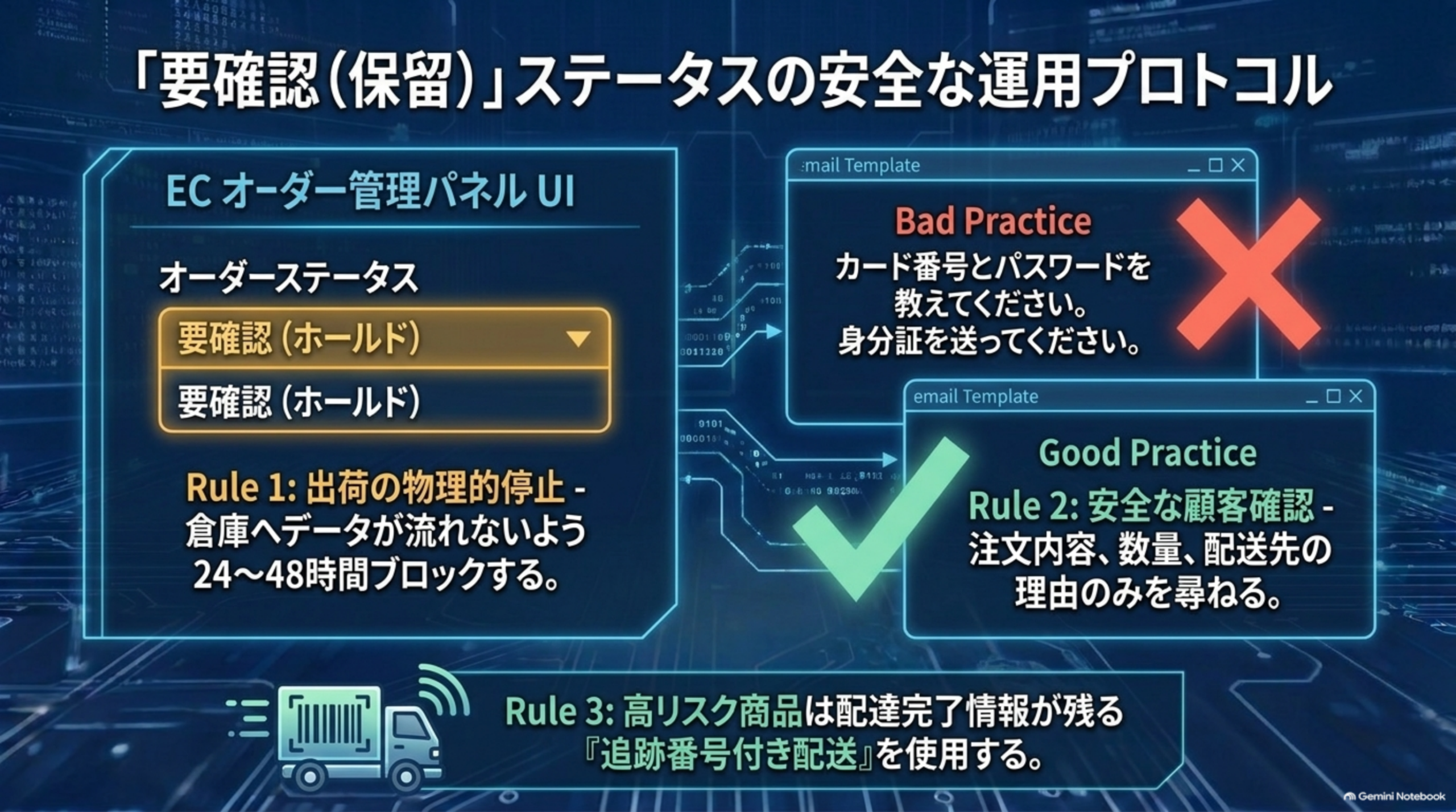 「要確認（保留）」ステータスの安全な運用プロトコル。Rule1出荷の物理的停止：倉庫へデータが流れないよう24〜48時間ブロックする。Rule2安全な顧客確認：注文内容・数量・配送先の理由のみを尋ねる（カード番号やパスワードを聞くBad Practiceは避ける）。Rule3高リスク商品は配達完了情報が残る追跡番号付き配送を使用する