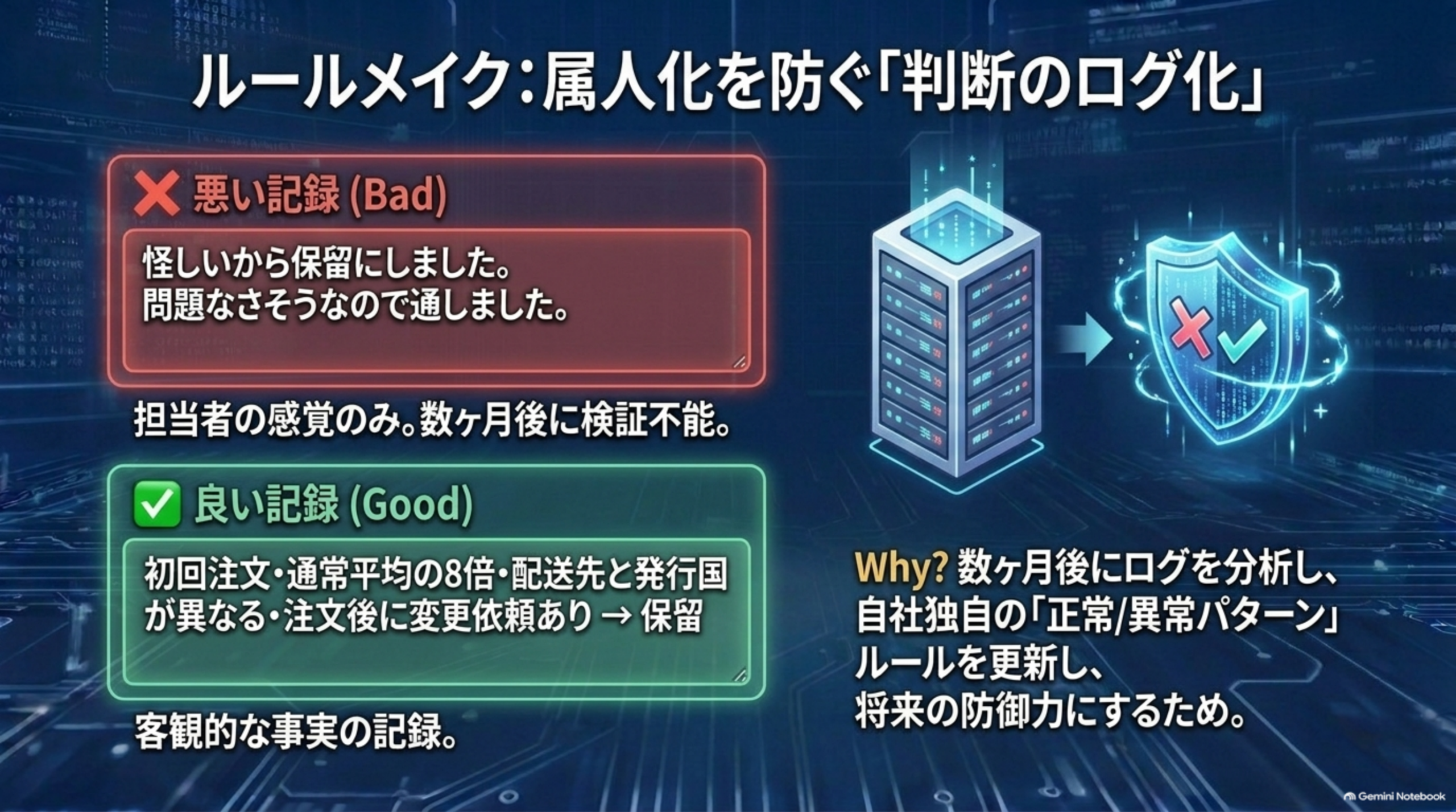 ルールメイク：属人化を防ぐ「判断のログ化」。悪い記録は「怪しいから保留にしました」「問題なさそうなので通しました」という担当者の感覚のみで数ヶ月後に検証不能。良い記録は「初回注文・通常平均の8倍・配送先と発行国が異なる・注文後に変更依頼あり→保留」という客観的な事実の記録。数ヶ月後にログを分析し自社独自の正常/異常パターンのルールを更新し将来の防御力にする