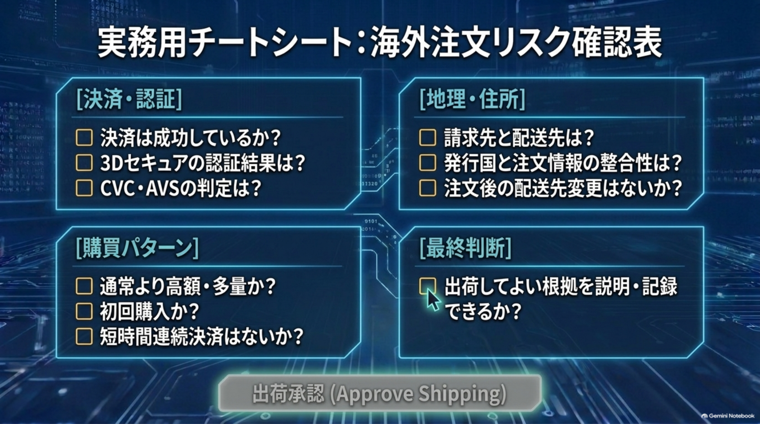 実務用チートシート：海外注文リスク確認表。決済・認証（決済は成功しているか？3Dセキュアの認証結果は？CVC・AVSの判定は？）、地理・住所（請求先と配送先は？発行国と注文情報の整合性は？注文後の配送先変更はないか？）、購買パターン（通常より高額・多量か？初回購入か？短時間連続決済はないか？）、最終判断（出荷してよい根拠を説明・記録できるか？）