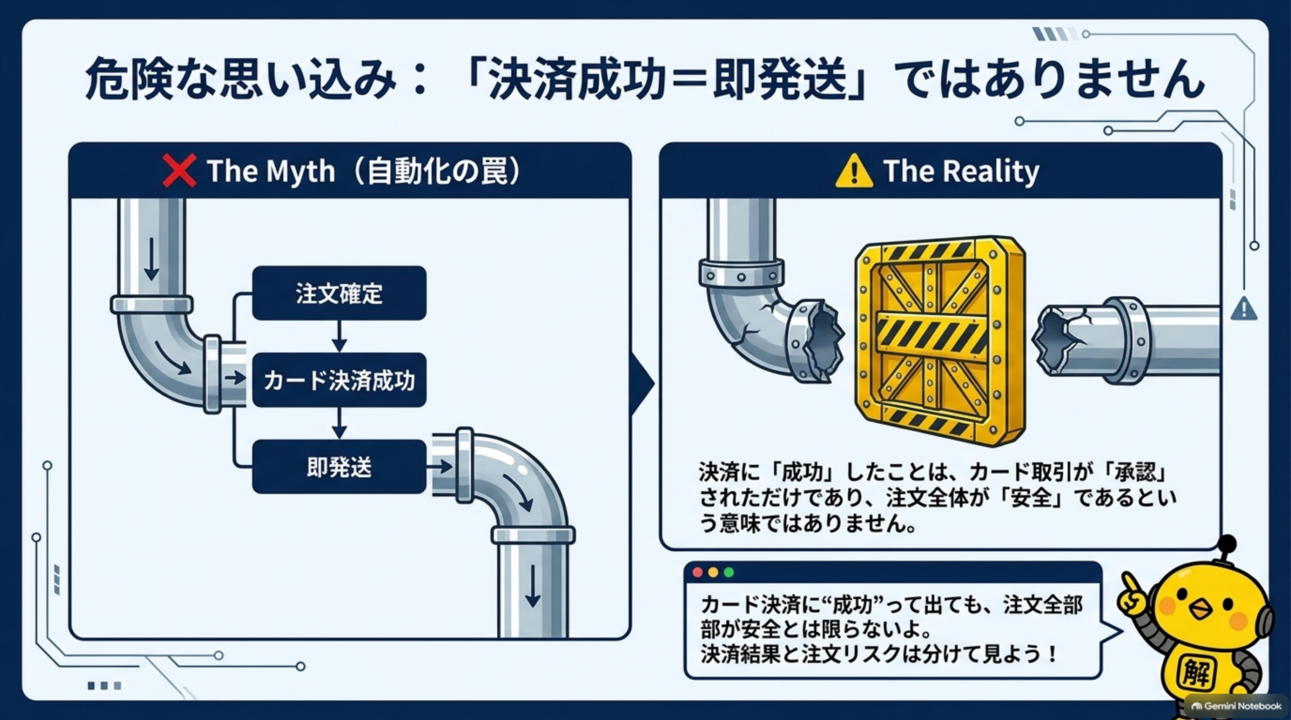 危険な思い込み：「決済成功＝即発送」ではありません。The Myth（自動化の罠）注文確定→カード決済成功→即発送。The Reality：決済に「成功」したことは、カード取引が「承認」されただけであり、注文全体が「安全」であるという意味ではありません。カード決済に“成功”って出ても、注文全部が安全とは限らないよ。決済結果と注文リスクは分けて見よう、とカイピヨくんが解説