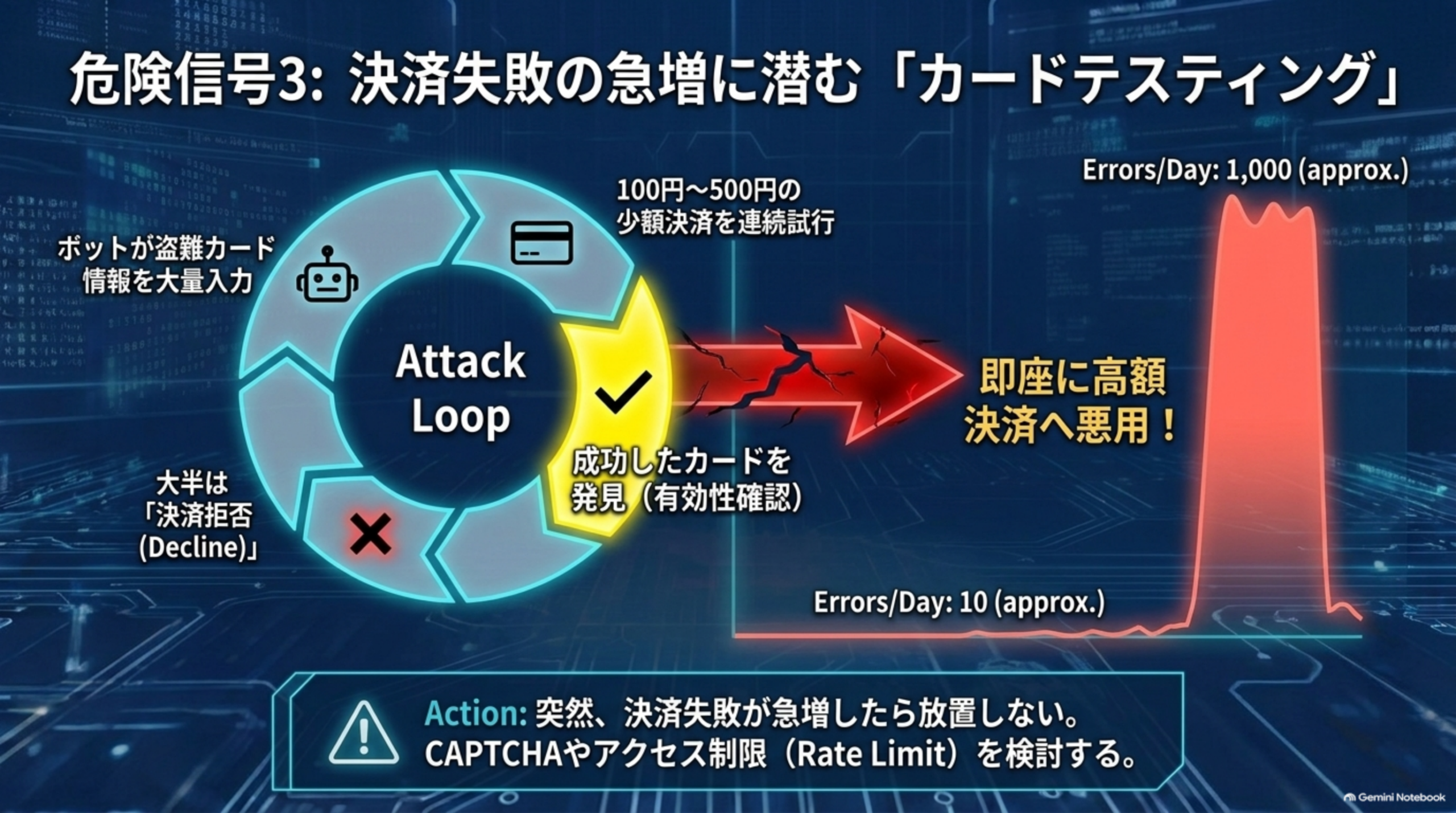 危険信号3：決済失敗の急増に潜む「カードテスティング」。ボットが盗難カード情報を大量入力し、100円〜500円の少額決済を連続試行、大半は決済拒否だが成功したカードを発見すると即座に高額決済へ悪用される。通常10件前後だった決済失敗が1,000件規模へ急増したら放置せずCAPTCHAやアクセス制限（Rate Limit）を検討する