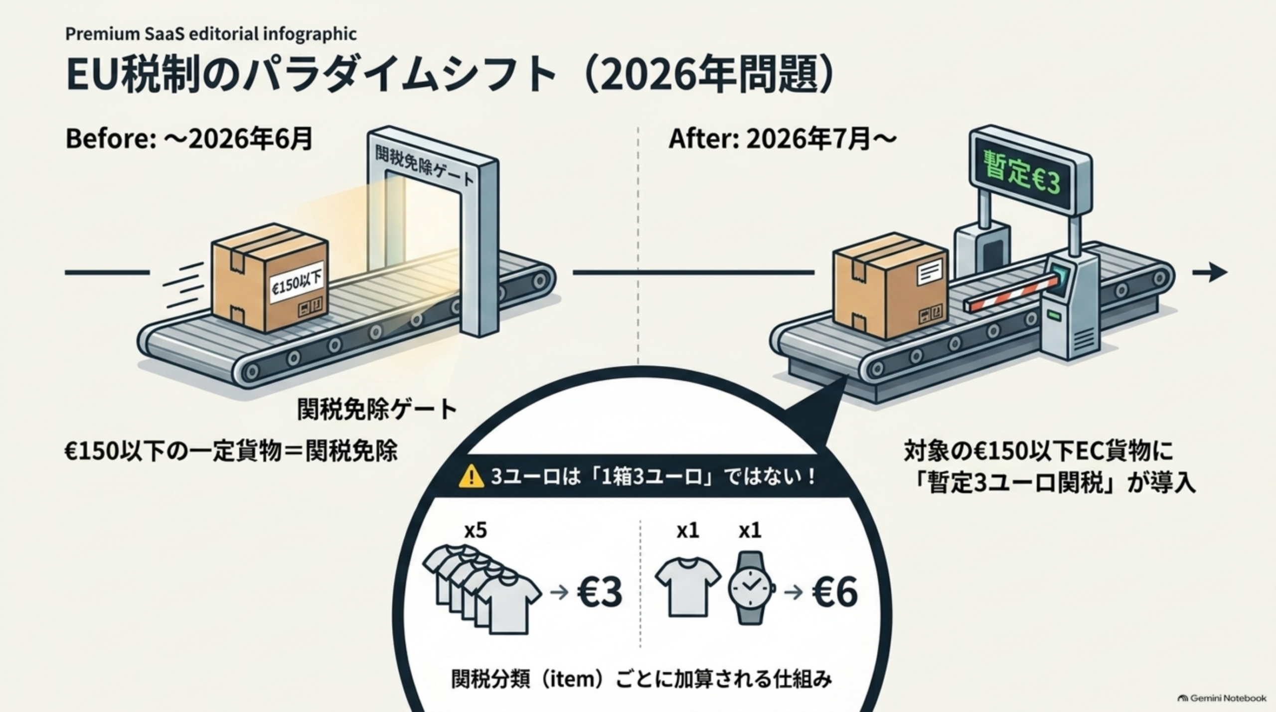 EU税制のパラダイムシフト（2026年問題）。Before：〜2026年6月は€150以下の一定貨物＝関税免除ゲートを通過。After：2026年7月〜は対象の€150以下EC貨物に「暫定€3関税」が導入。3ユーロは「1箱3ユーロ」ではなく関税分類（item）ごとに加算される仕組みで、同じTシャツ5枚→€3、Tシャツ＋時計→€6という例が示されている