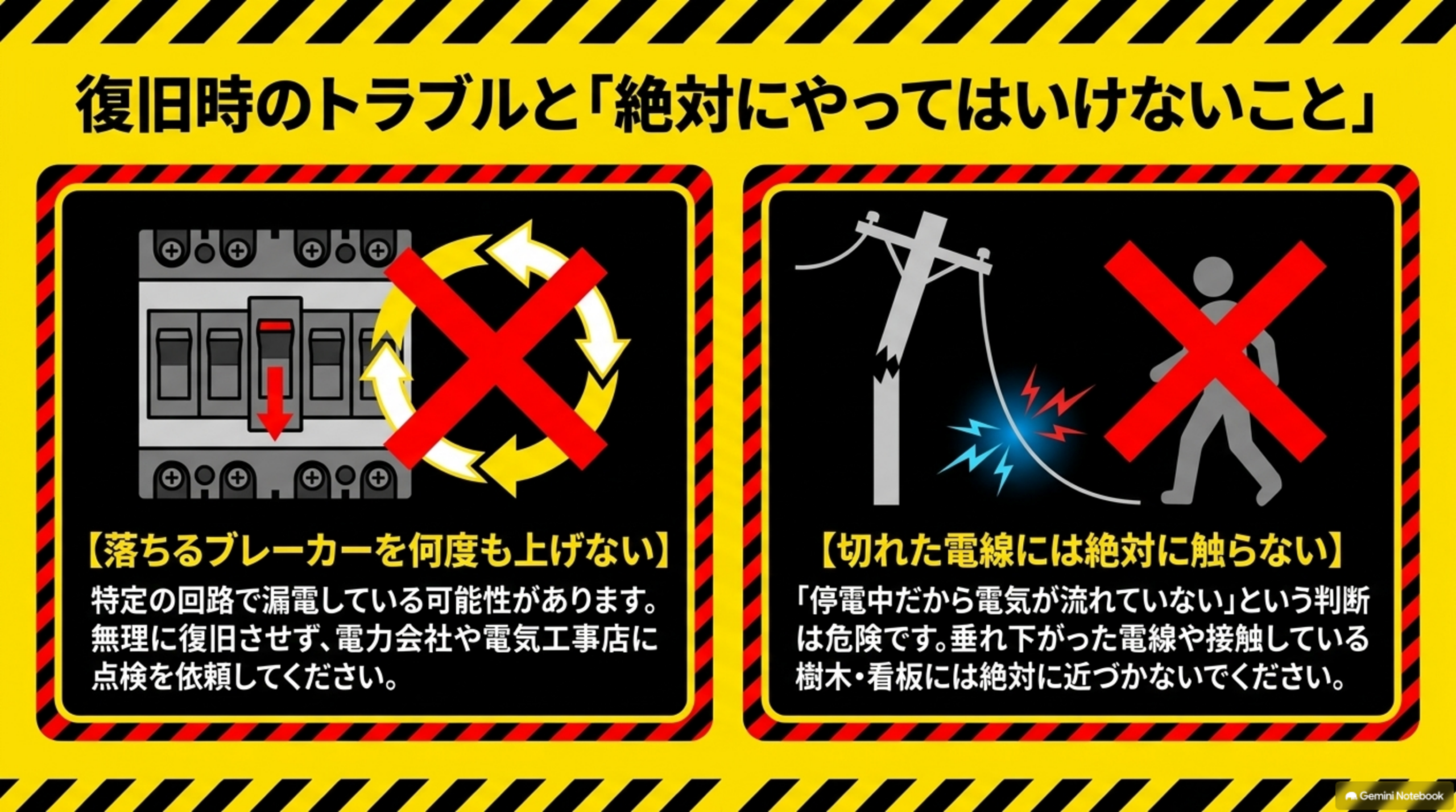 復旧時のトラブルと「絶対にやってはいけないこと」。【落ちるブレーカーを何度も上げない】特定の回路で漏電している可能性があります、無理に復旧させず、電力会社や電気工事店に点検を依頼してください。【切れた電線には絶対に触らない】「停電中だから電気が流れていない」という判断は危険です、垂れ下がった電線や接触している樹木・看板には絶対に近づかないでください。ブレーカーと電柱・電線のNGイラスト2点