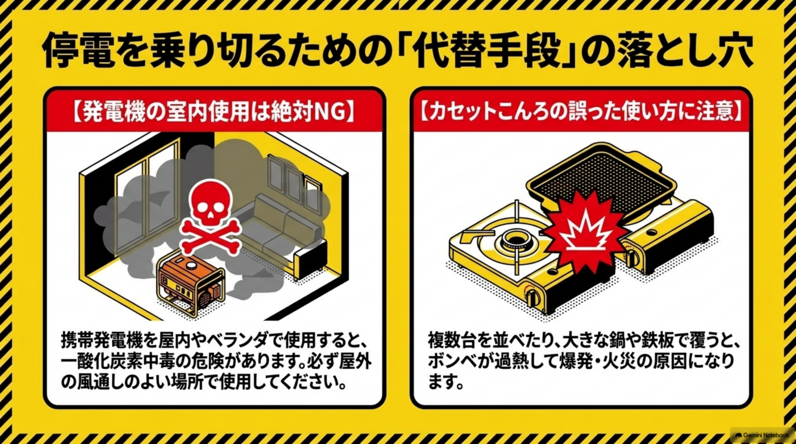 停電を乗り切るための「代替手段」の落とし穴。【発電機の室内使用は絶対NG】携帯発電機を室内やベランダで使用すると一酸化炭素中毒の危険があります、必ず屋外の風通しのよい場所で使用してください。【カセットこんろの誤った使い方に注意】複数台を並べたり、大きな鍋や鉄板で覆うと、ボンベが過熱して爆発・火災の原因になります。発電機の排気に警告マークがついたイラストと、2台並んだカセットこんろが鉄板で覆われ爆発マークがついたイラスト