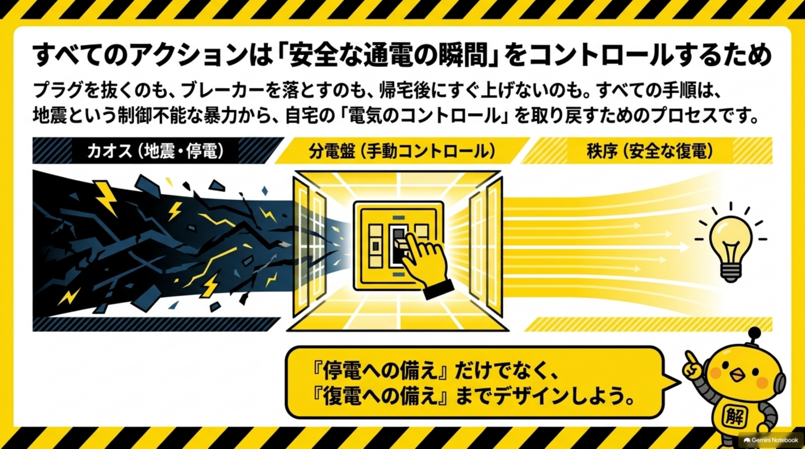 すべてのアクションは「安全な通電の瞬間」をコントロールするため。プラグを抜くのも、ブレーカーを落とすのも、帰宅後にすぐ上げないのも。すべての手順は、地震という制御不能な暴力から、自宅の「電気のコントロール」を取り戻すためのプロセスです。カオス(地震・停電)→分電盤(手動コントロール)→秩序(安全な復電)、という流れ図。カイピヨくんの「『停電への備え』だけでなく、『復電への備え』までデザインしよう」というコメント