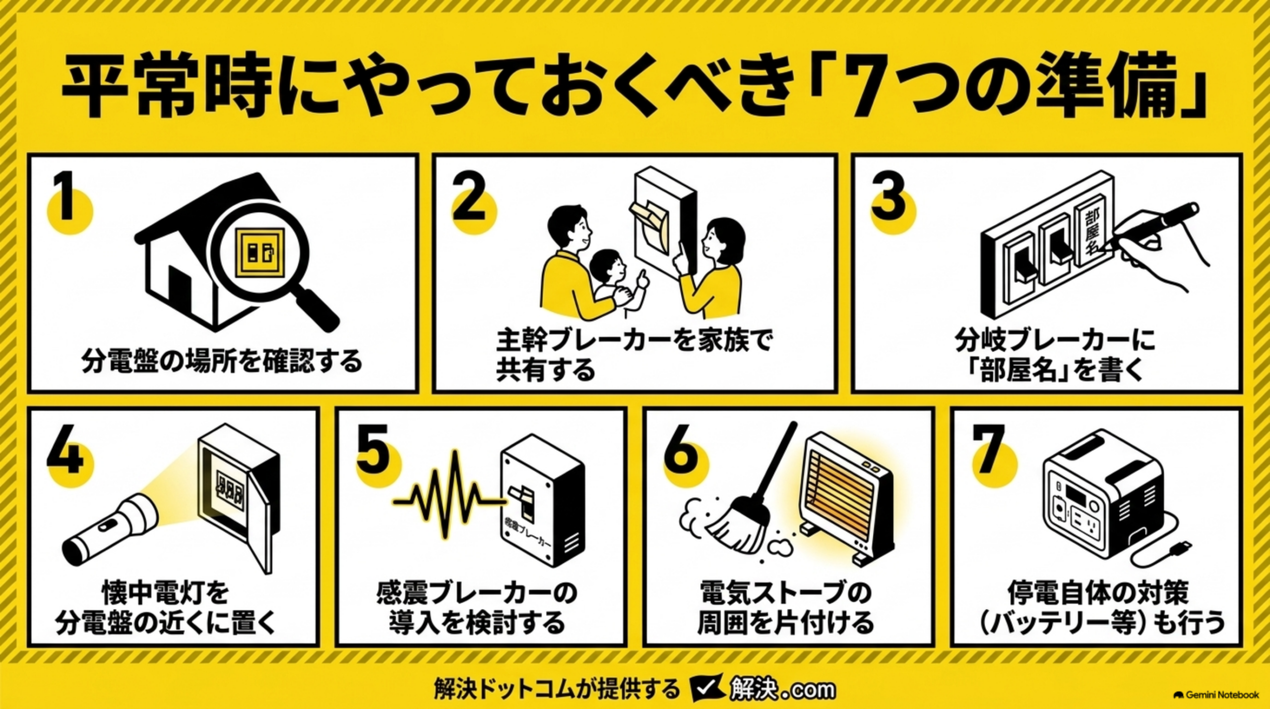平常時にやっておくべき「7つの準備」。①分電盤の場所を確認する②主幹ブレーカーを家族で共有する③分岐ブレーカーに「部屋名」を書く④懐中電灯を分電盤の近くに置く⑤感震ブレーカーの導入を検討する⑥電気ストーブの周囲を片付ける⑦停電自体の対策(バッテリー等)も行う、の7項目を番号付きイラストで示した図。解決ドットコムが提供する解決.comのロゴ