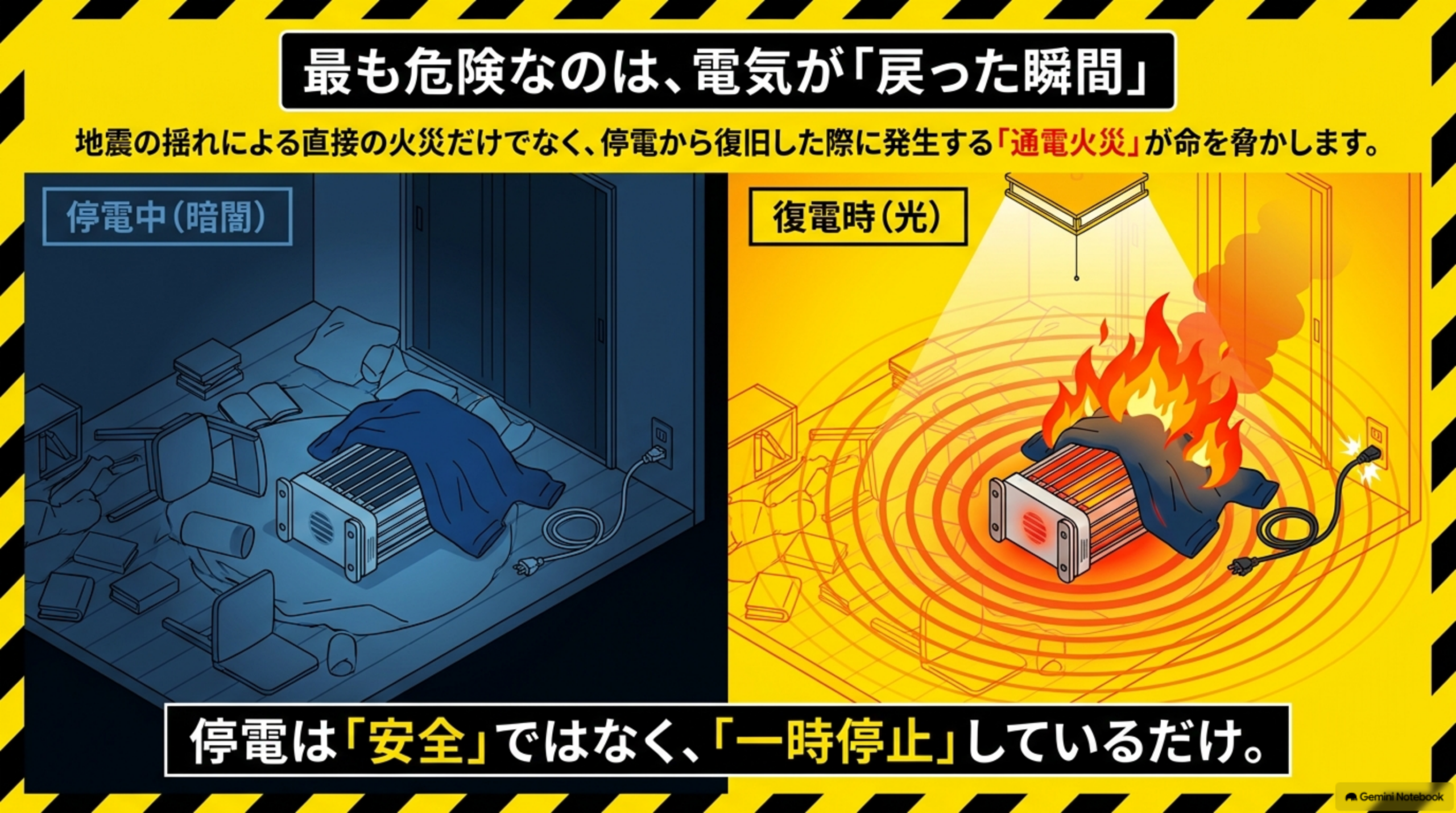 最も危険なのは、電気が「戻った瞬間」。地震の揺れによる直接の火災だけでなく、停電から復旧した際に発生する「通電火災」が命を脅かす。停電中(暗闇)の部屋で倒れた棚・衣類が電気ストーブに接触している様子と、復電時(光)に同じ部屋でストーブが通電し衣類へ着火して火災になっている様子の対比イラスト。停電は「安全」ではなく、「一時停止」しているだけという注記