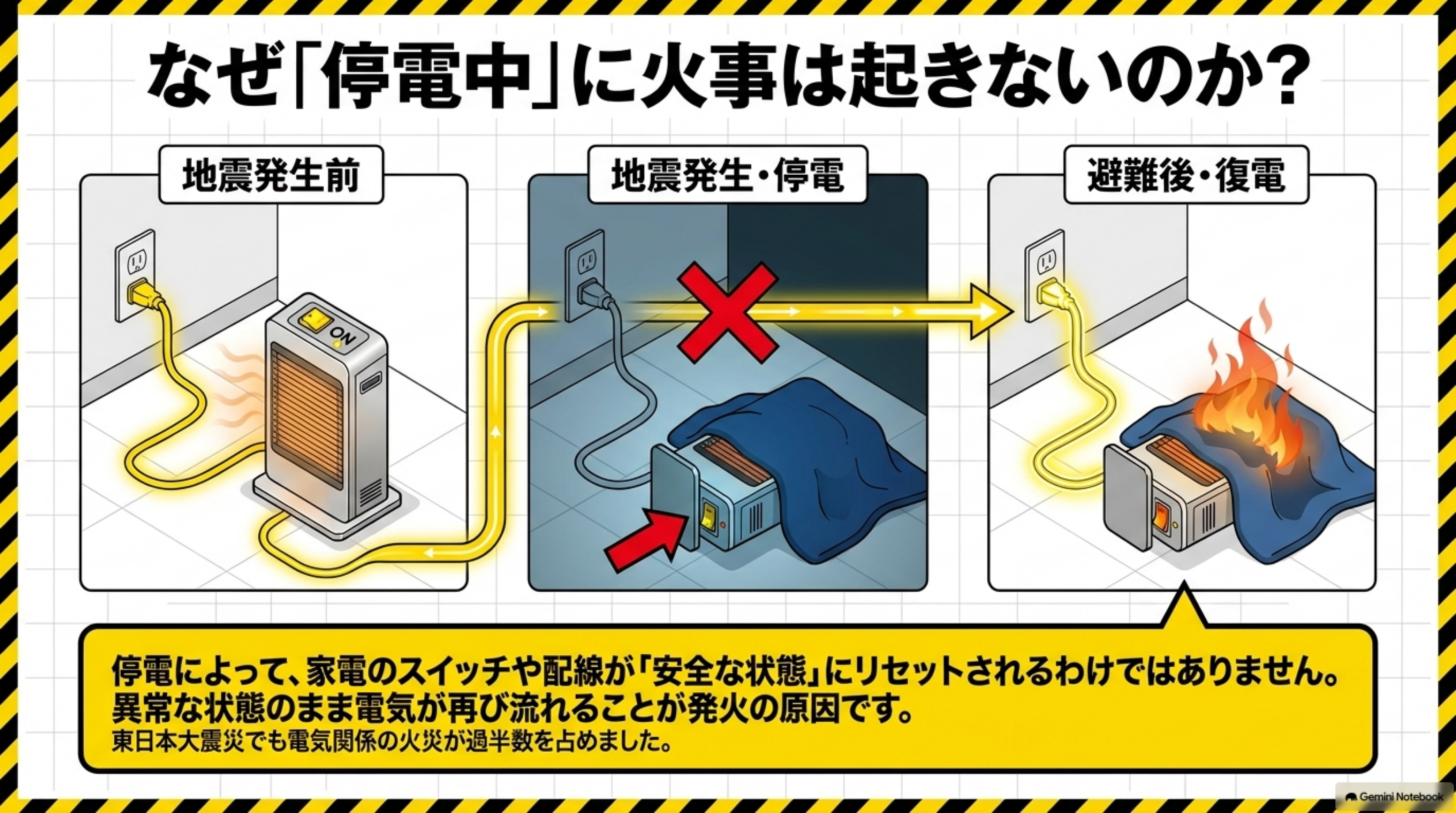 なぜ「停電中」に火事は起きないのか？地震発生前(電気ストーブのプラグが刺さりONの状態)→地震発生・停電(棚が転倒し衣類がストーブに接触、停電で通電停止)→避難後・復電(電気が戻りストーブが通電し衣類へ着火して火災)の3コマイラスト。停電によって、家電のスイッチや配線が「安全な状態」にリセットされるわけではありません、異常な状態のまま電気が再び流れることが発火の原因です、東日本大震災でも電気関係の火災が過半数を占めましたという注記