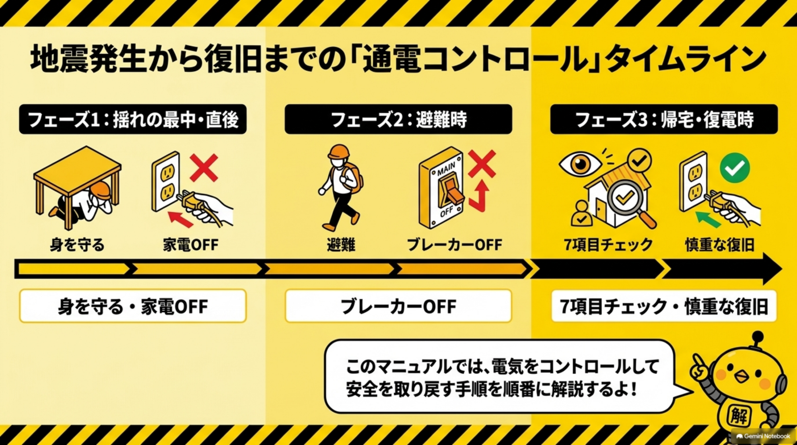 地震発生から復旧までの「通電コントロール」タイムライン。フェーズ1:揺れの最中・直後(身を守る・家電OFF)。フェーズ2:避難時(ブレーカーOFF)。フェーズ3:帰宅・復電時(7項目チェック・慎重な復旧)、の3段階フェーズを矢印でつなぐタイムライン図。カイピヨくんの「このマニュアルでは、電気をコントロールして安全を取り戻す手順を順番に解説するよ！」というコメント