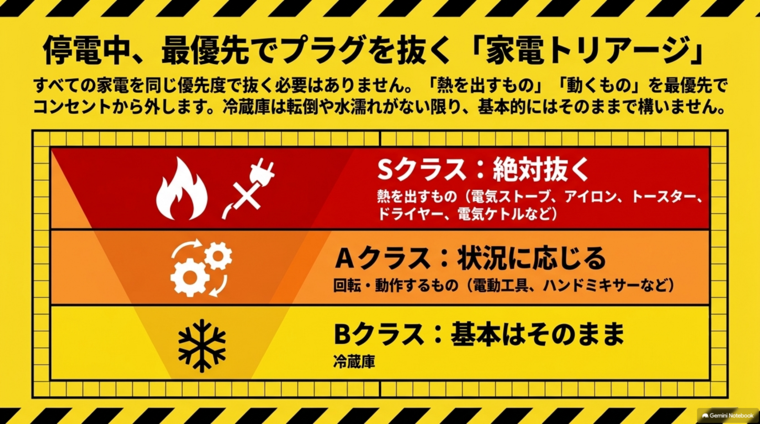 停電中、最優先でプラグを抜く「家電トリアージ」。すべての家電を同じ優先度で抜く必要はありません、「熱を出すもの」「動くもの」を最優先でコンセントから外します、冷蔵庫は転倒や水濡れがない限り基本的にはそのままで構いません。Sクラス:絶対抜く(熱を出すもの=電気ストーブ・アイロン・トースター・ドライヤー・電気ケトルなど)。Aクラス:状況に応じる(回転・動作するもの=電動工具・ハンドミキサーなど)。Bクラス:基本はそのまま(冷蔵庫)、の3段階トリアージ図
