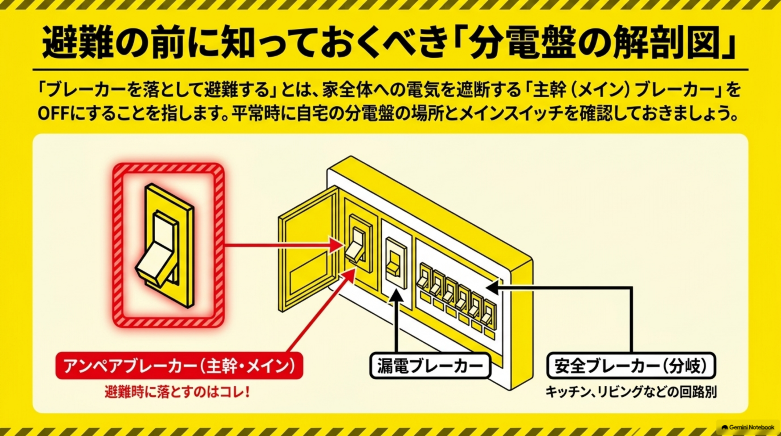 避難の前に知っておくべき「分電盤の解剖図」。「ブレーカーを落として避難する」とは、家全体への電気を遮断する「主幹(メイン)ブレーカー」をOFFにすることを指します。平常時に自宅の分電盤の場所とメインスイッチを確認しておきましょう。アンペアブレーカー(主幹・メイン、避難時に落とすのはコレ)、漏電ブレーカー、安全ブレーカー(分岐、キッチン・リビングなどの回路別)の3種の分電盤解剖図