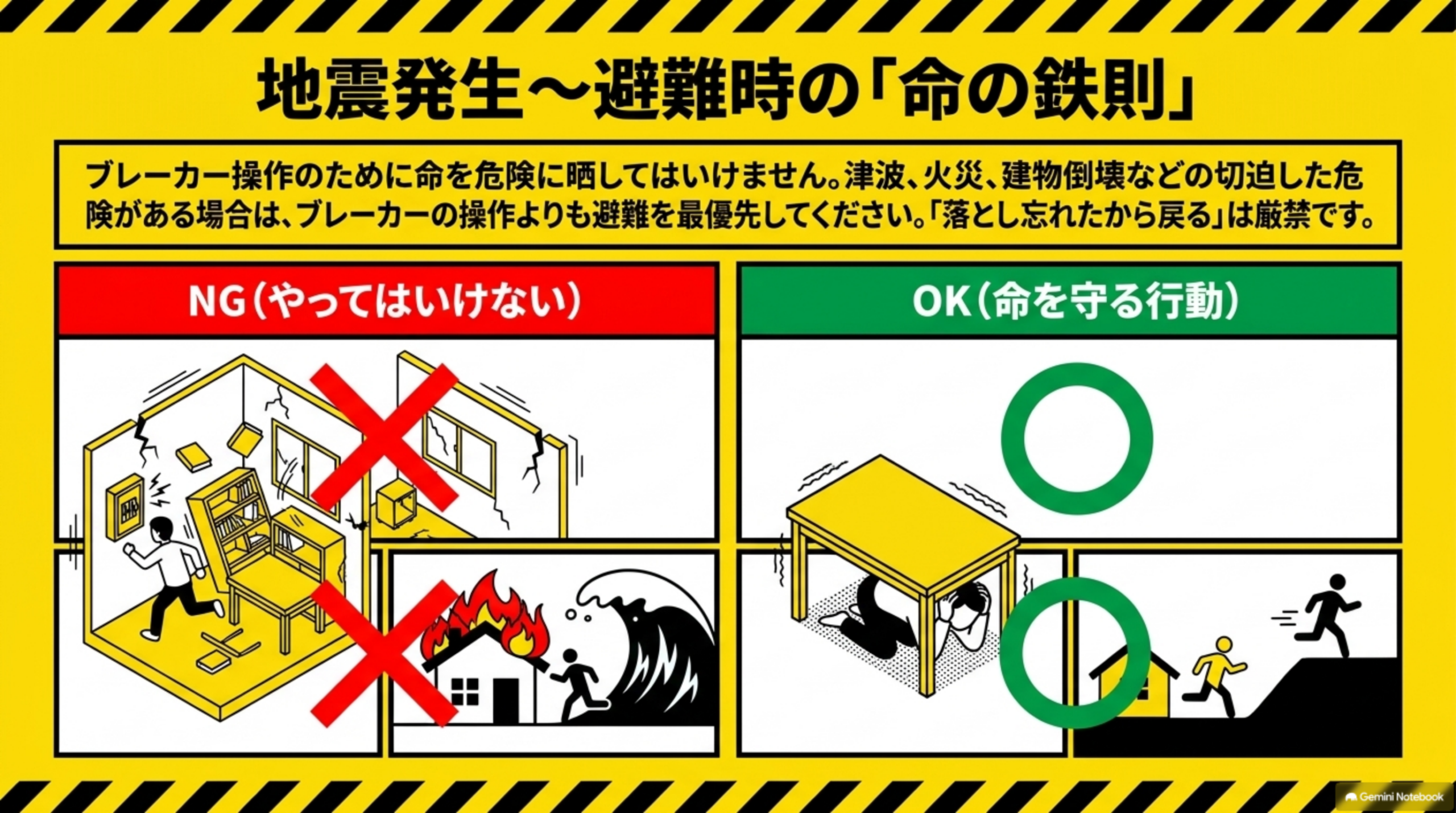 地震発生〜避難時の「命の鉄則」。ブレーカー操作のために命を危険に晒してはいけません、津波・火災・建物倒壊などの切迫した危険がある場合は、ブレーカーの操作よりも避難を最優先してください、「落とし忘れたから戻る」は厳禁です。NG(やってはいけない):倒壊した部屋でブレーカーへ走る人、火災や津波から逃げ遅れる人。OK(命を守る行動):机の下に隠れて頭を守る人、迷わず避難する人、の対比イラスト