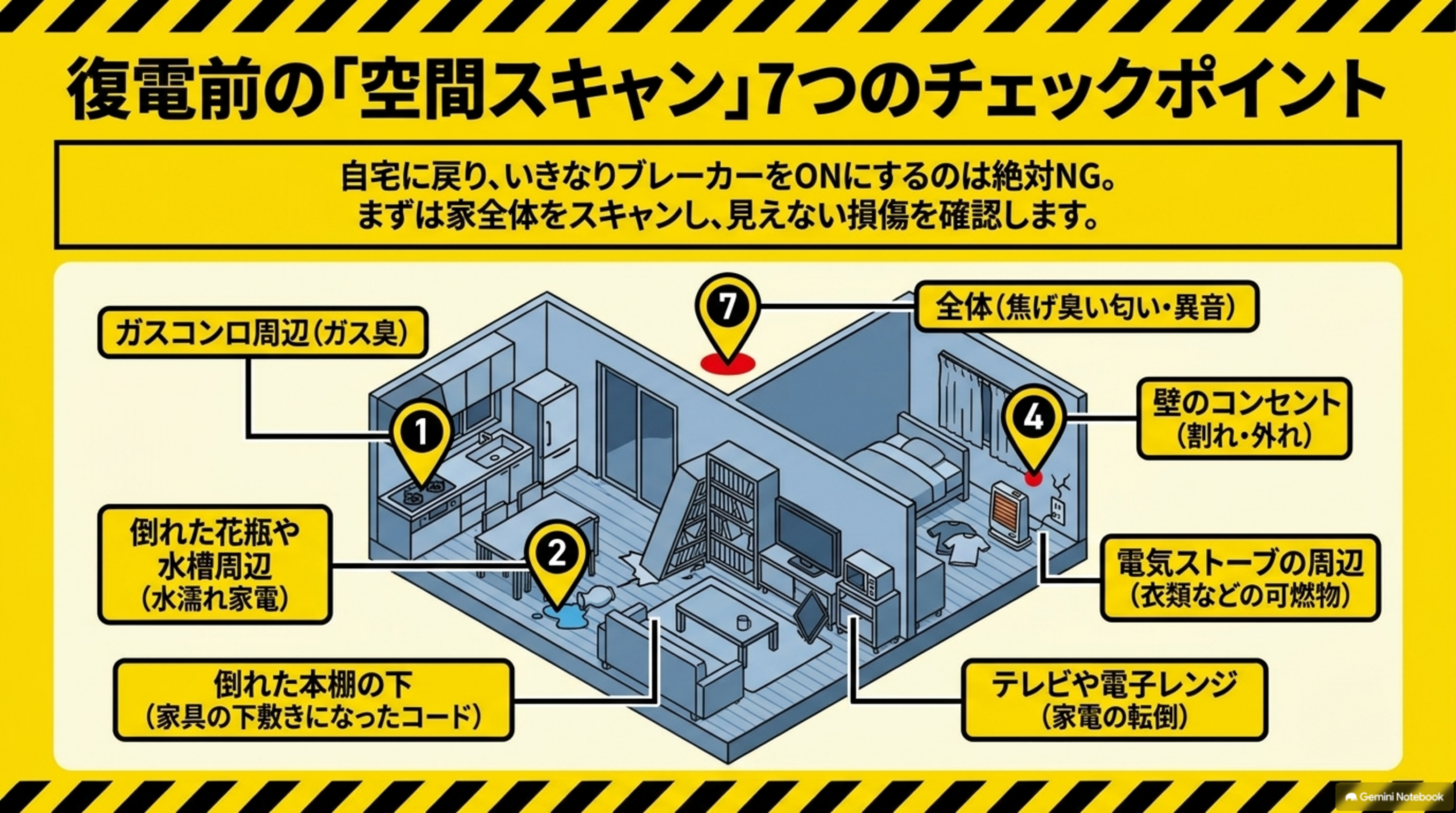 復電前の「空間スキャン」7つのチェックポイント。自宅に戻り、いきなりブレーカーをONにするのは絶対NG、まずは家全体をスキャンし見えない損傷を確認します。①ガスコンロ周辺(ガス臭)②倒れた花瓶や水槽周辺(水濡れ家電)③倒れた本棚の下(家具の下敷きになったコード)④壁のコンセント(割れ・外れ)、電気ストーブの周辺(衣類などの可燃物)、テレビや電子レンジ(家電の転倒)⑦全体(焦げ臭い匂い・異音)、という部屋の見取り図に7つのチェックポイントを配置した図