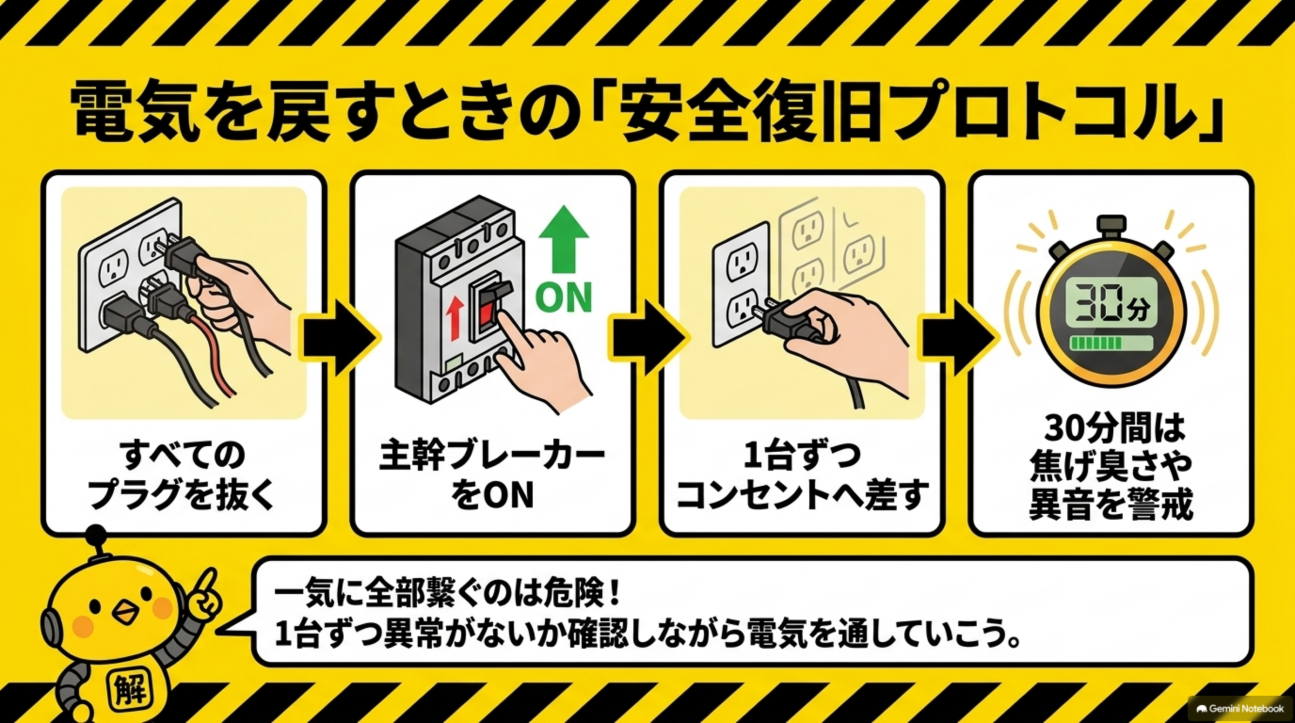 電気を戻すときの「安全復旧プロトコル」。①すべてのプラグを抜く②主幹ブレーカーをON③1台ずつコンセントへ差す④30分間は焦げ臭さや異音を警戒、の4ステップフロー。カイピヨくんの「一気に全部繋ぐのは危険！1台ずつ異常がないか確認しながら電気を通していこう」というコメント