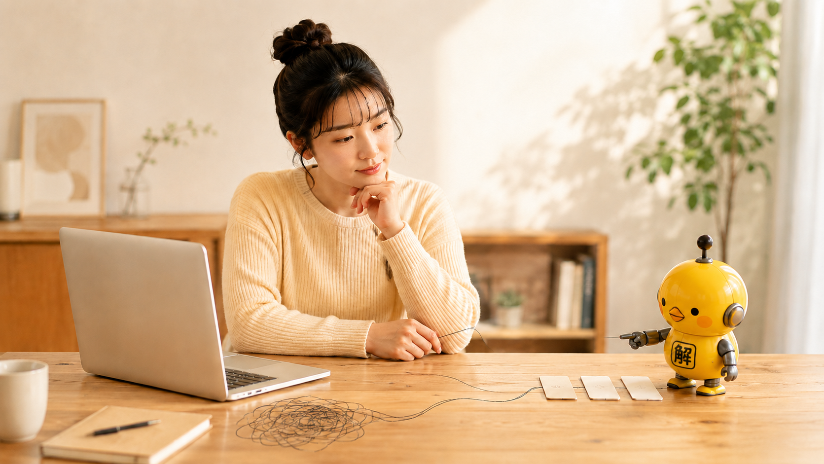 絡まった情報を女性とカイピヨくんが整理するイメージ