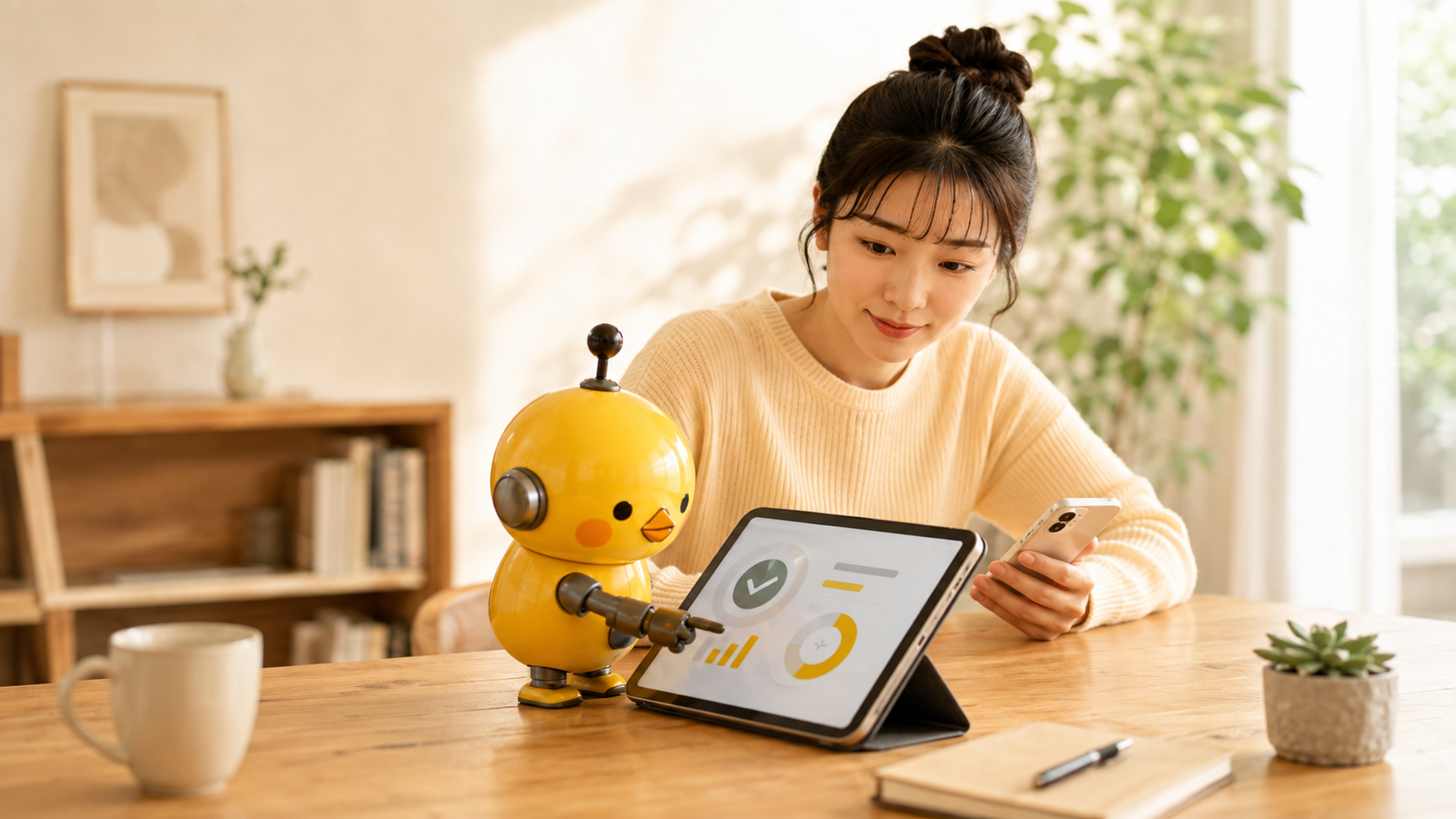 女性とカイピヨくんがツールの結果を確認するイメージ