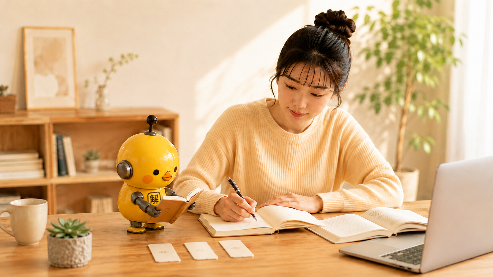 女性がカイピヨくんと順番に学ぶイメージ