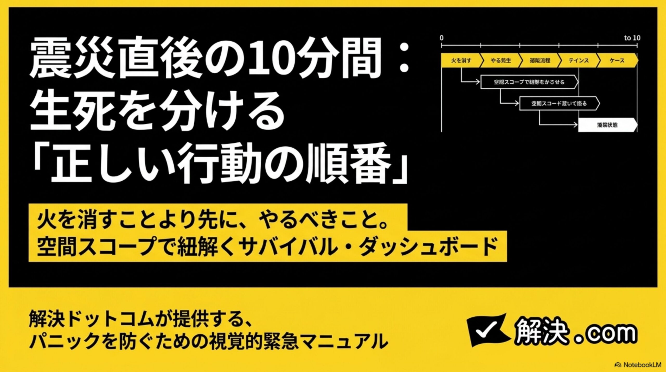 震災直後の10分間：生死を分ける「正しい行動の順番」というタイトルスライド。火を消すことより先に、やるべきこと、空間スコープで紐解くサバイバル・ダッシュボードという副題、解決ドットコムが提供するパニックを防ぐための視覚的緊急マニュアルという案内、解決.comのロゴ付き