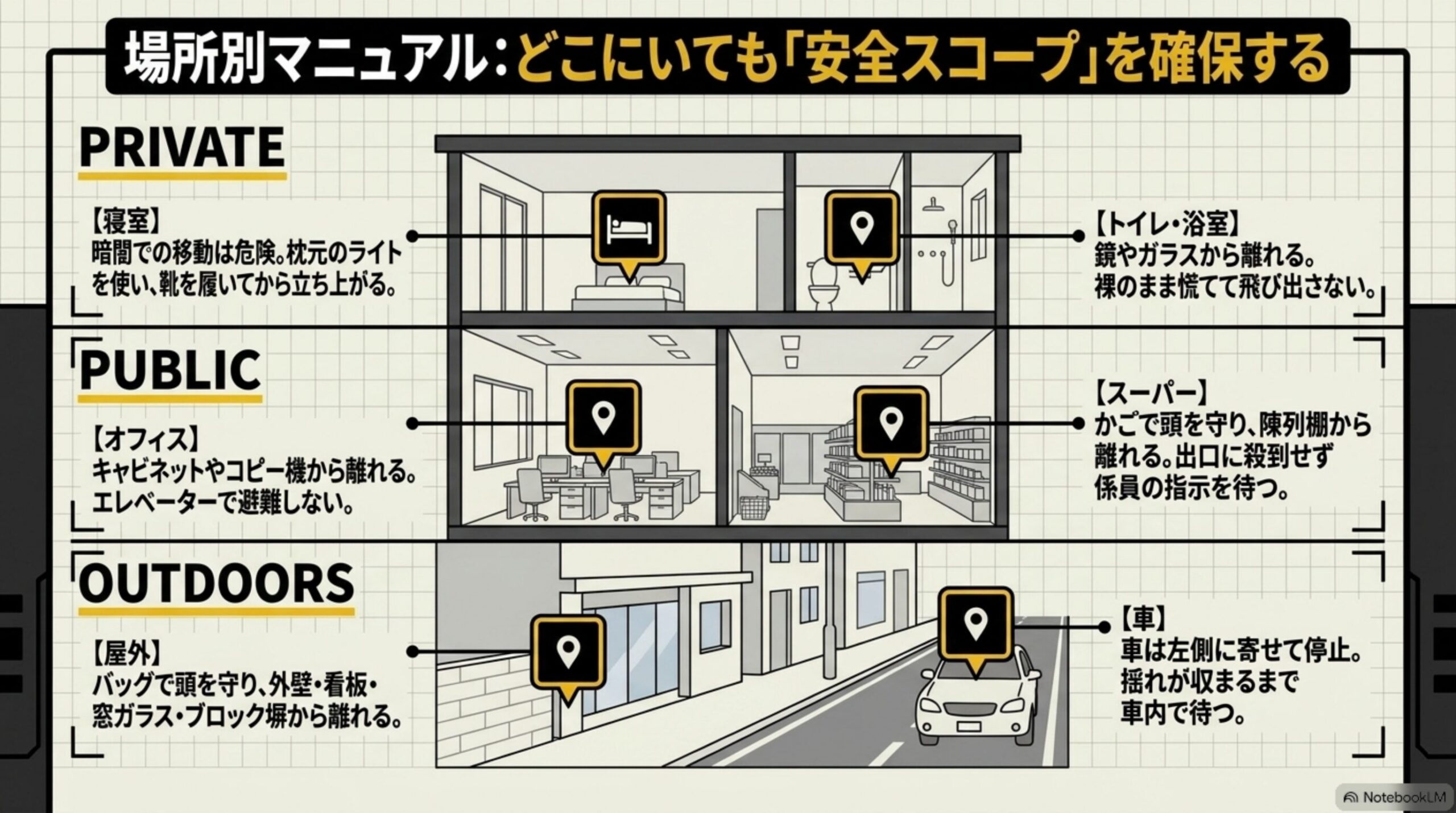 場所別マニュアル：どこにいても「安全スコープ」を確保するという見出しと、PRIVATE(寝室：暗闇での移動は危険、枕元のライトを使い靴を履いてから立ち上がる／トイレ・浴室：鏡やガラスから離れる、裸のまま慌てて飛び出さない)、PUBLIC(オフィス：キャビネットやコピー機から離れる、エレベーターで避難しない／スーパー：かごで頭を守り陳列棚から離れる、出口に殺到せず係員の指示を待つ)、OUTDOORS(屋外：バッグで頭を守り外壁・看板・窓ガラス・ブロック塀から離れる／車：車は左側に寄せて停止、揺れが収まるまで車内で待つ)という3エリアの図解