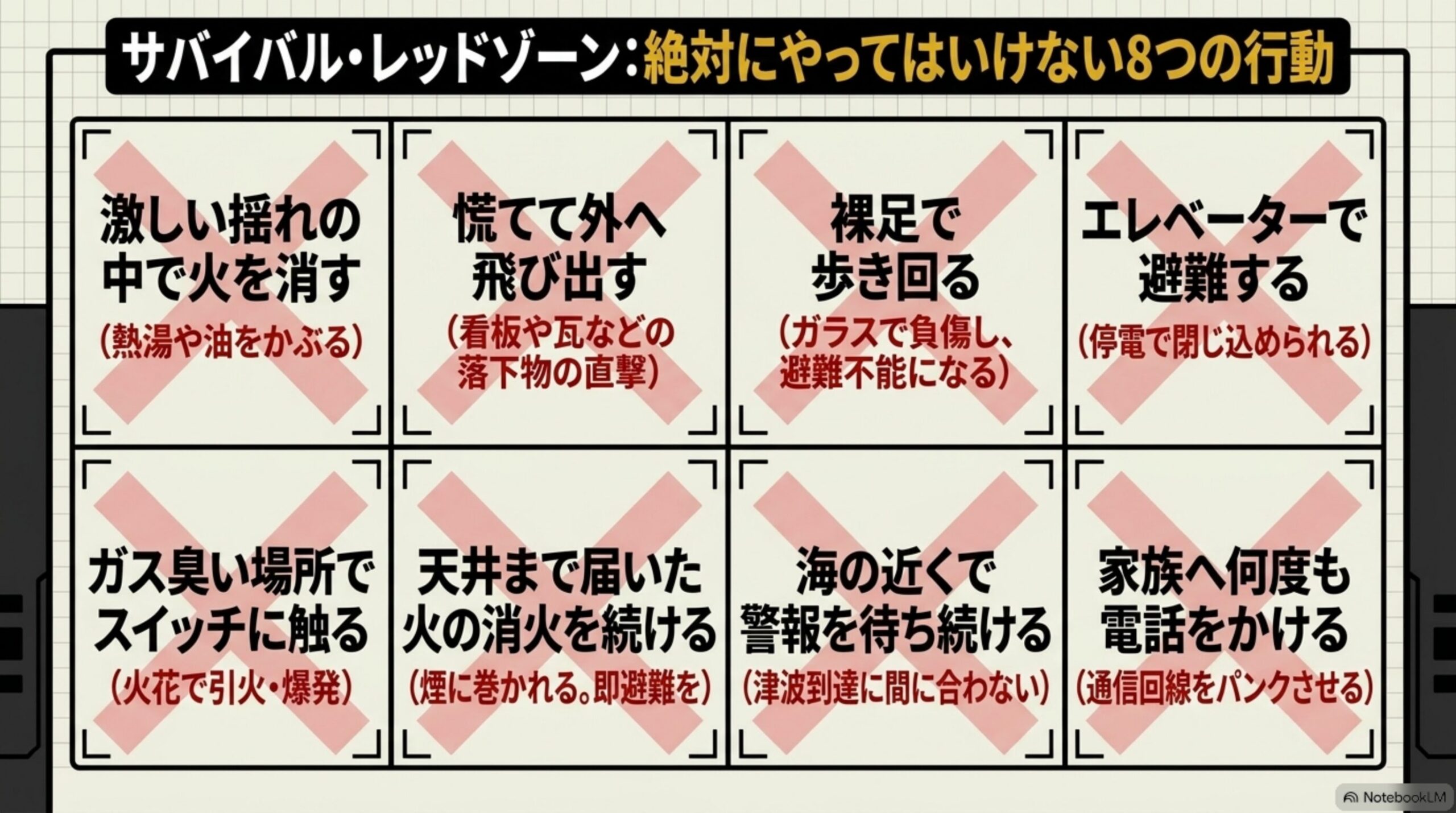 サバイバル・レッドゾーン：絶対にやってはいけない8つの行動という見出しと、8つのカード。激しい揺れの中で火を消す(熱湯や油をかぶる)、慌てて外へ飛び出す(看板や瓦などの落下物の直撃)、裸足で歩き回る(ガラスで負傷し避難不能になる)、エレベーターで避難する(停電で閉じ込められる)、ガス臭い場所でスイッチに触る(火花で引火・爆発)、天井まで届いた火の消火を続ける(煙に巻かれる、即避難を)、海の近くで警報を待ち続ける(津波到達に間に合わない)、家族へ何度も電話をかける(通信回線をパンクさせる)という8項目