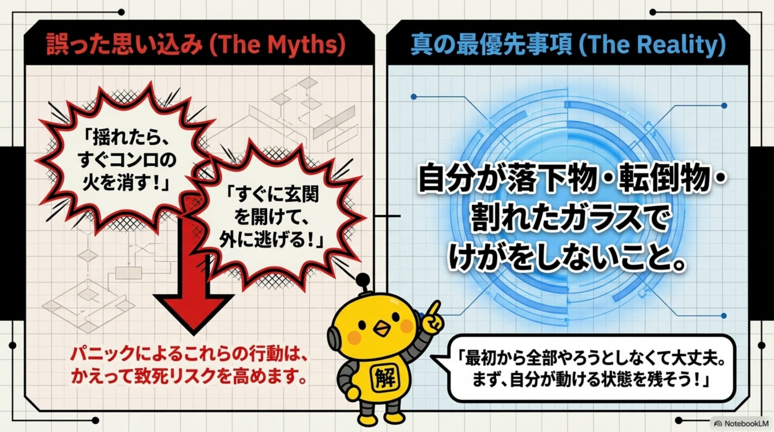 誤った思い込み(The Myths)と真の最優先事項(The Reality)を対比する見出しと、「揺れたら、すぐコンロの火を消す！」「すぐに玄関を開けて、外に逃げる！」という誤った思い込みの吹き出しから下向きの矢印、パニックによるこれらの行動はかえって致死リスクを高めますという注意書き、右側に自分が落下物・転倒物・割れたガラスでけがをしないことという真の最優先事項、カイピヨくんが「最初から全部やろうとしなくて大丈夫。まず、自分が動ける状態を残そう！」と話す吹き出し付き
