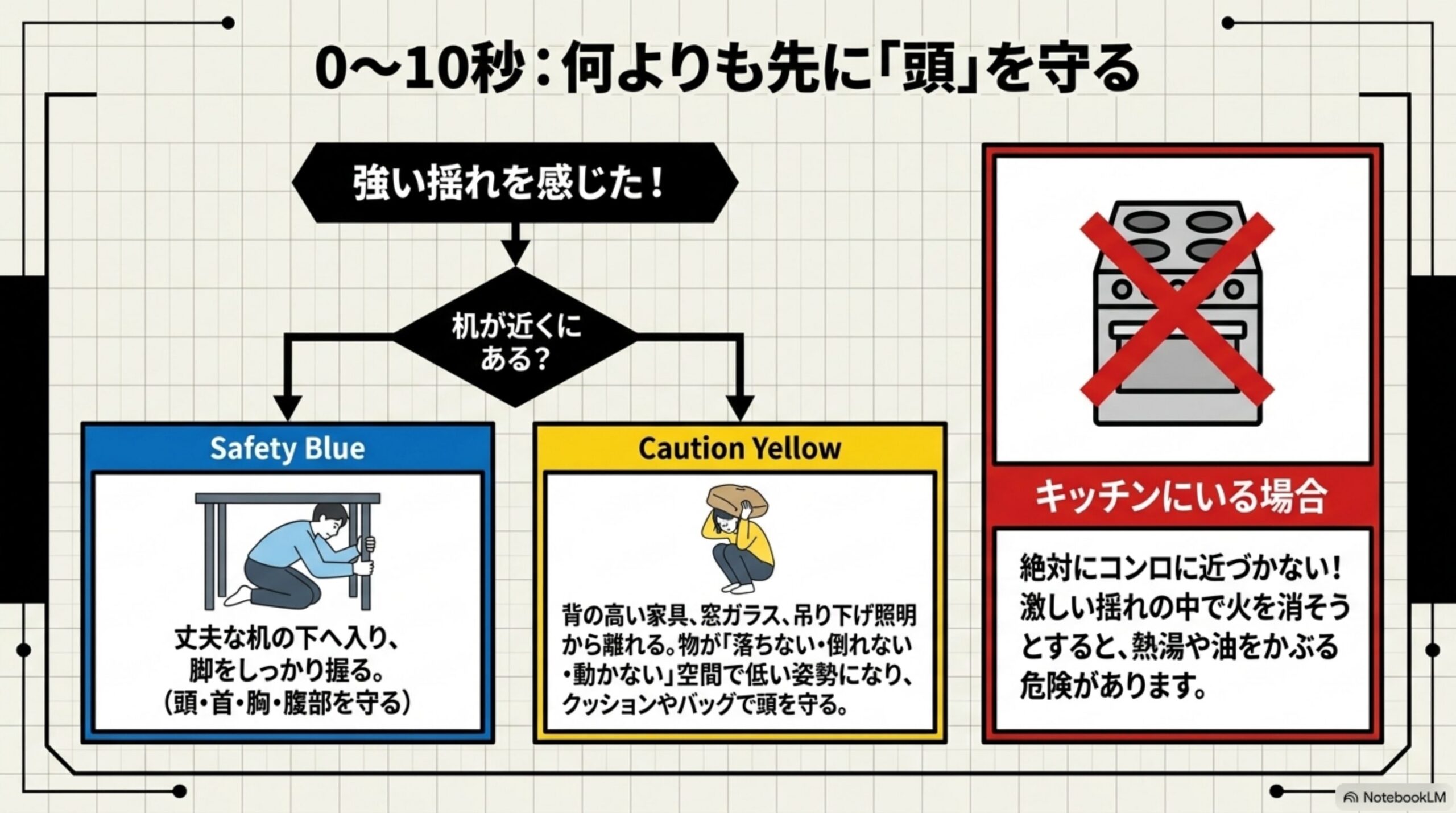 0〜10秒：何よりも先に「頭」を守るという見出しと、強い揺れを感じた場合の分岐図。机が近くにある場合はSafety Blue(丈夫な机の下へ入り脚をしっかり握る、頭・首・胸・腹部を守る)、机が近くにない場合はCaution Yellow(背の高い家具・窓ガラス・吊り下げ照明から離れ、物が落ちない・倒れない・動かない空間で低い姿勢になりクッションやバッグで頭を守る)、キッチンにいる場合はコンロに×マークで絶対に近づかない、激しい揺れの中で火を消そうとすると熱湯や油をかぶる危険があるという3分岐の図解