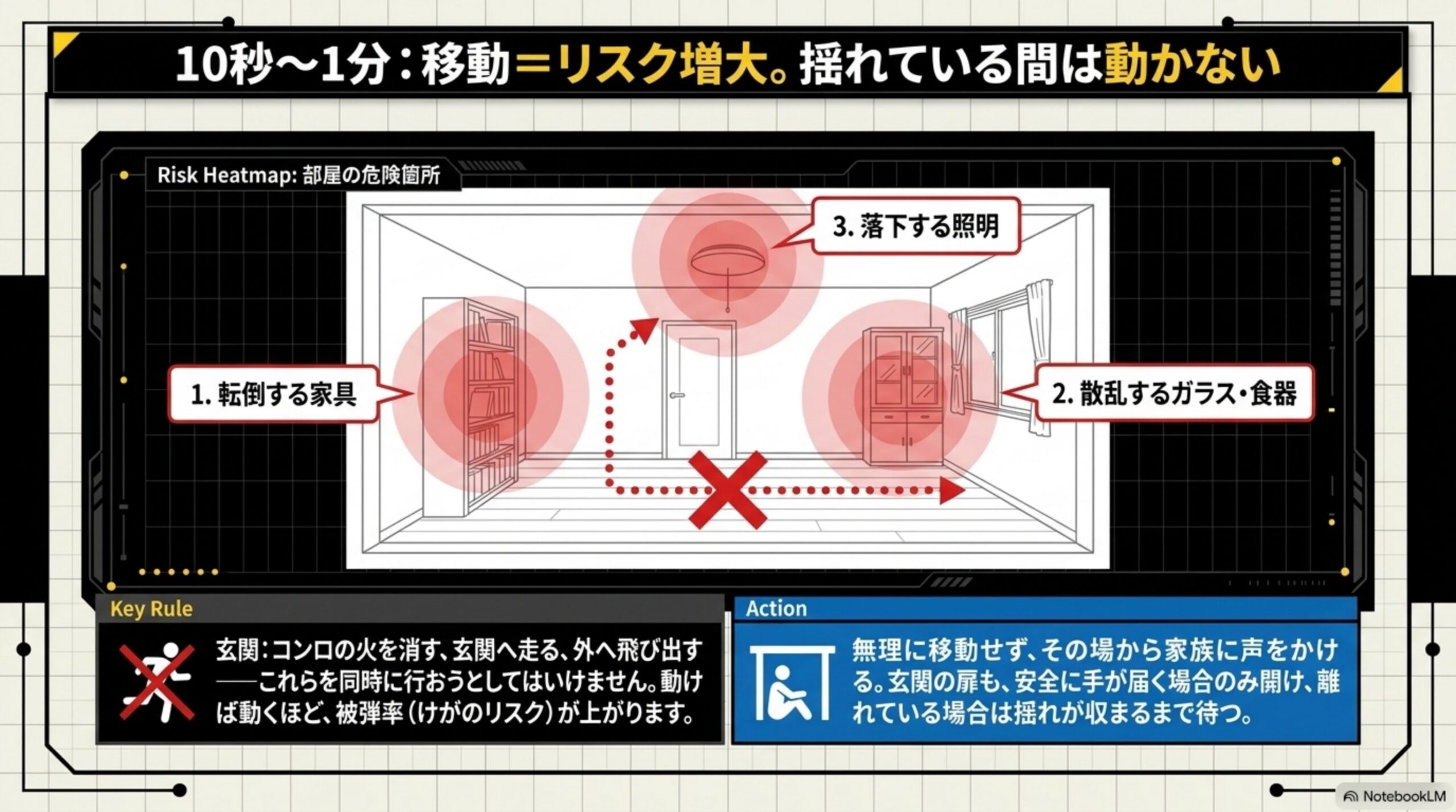 10秒〜1分：移動＝リスク増大。揺れている間は動かないという見出しと、部屋の危険箇所を示すRisk Heatmapの図解(1.転倒する家具、2.散乱するガラス・食器、3.落下する照明)。Key Ruleとして玄関へ走る・コンロの火を消す・外へ飛び出すことを同時に行おうとしてはいけない、動けば動くほどけがのリスクが上がるという注意書き、Actionとして無理に移動せずその場から家族に声をかける、玄関の扉も安全に手が届く場合のみ開けるという図解