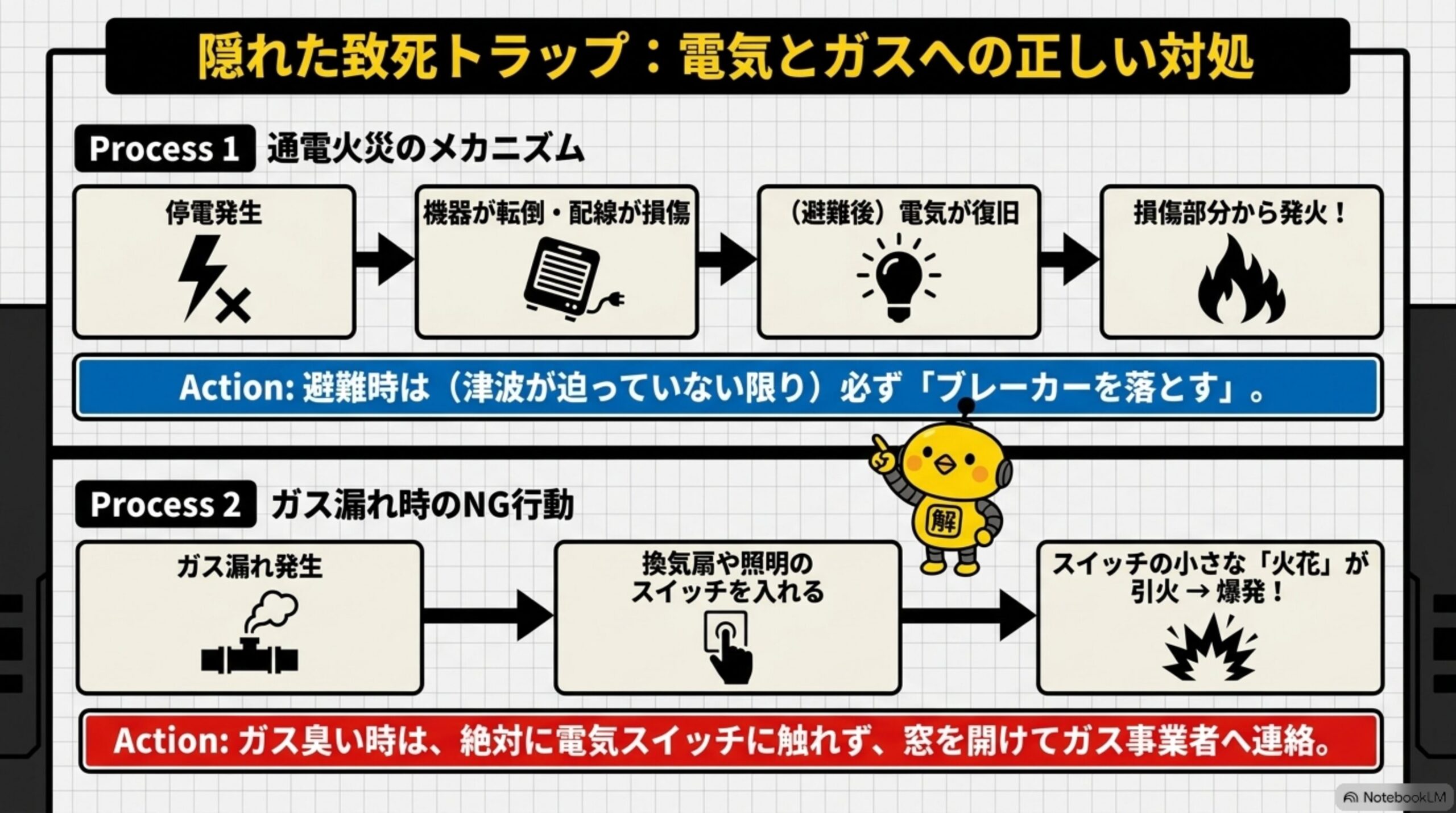 隠れた致死トラップ：電気とガスへの正しい対処という見出しと、Process1通電火災のメカニズム(停電発生→機器が転倒・配線が損傷→避難後に電気が復旧→損傷部分から発火)とAction(避難時は津波が迫っていない限り必ずブレーカーを落とす)、Process2ガス漏れ時のNG行動(ガス漏れ発生→換気扇や照明のスイッチを入れる→スイッチの小さな火花が引火して爆発)とAction(ガス臭い時は絶対に電気スイッチに触れず窓を開けてガス事業者へ連絡)という2つのプロセス図解、カイピヨくんが注意を促す吹き出し付き